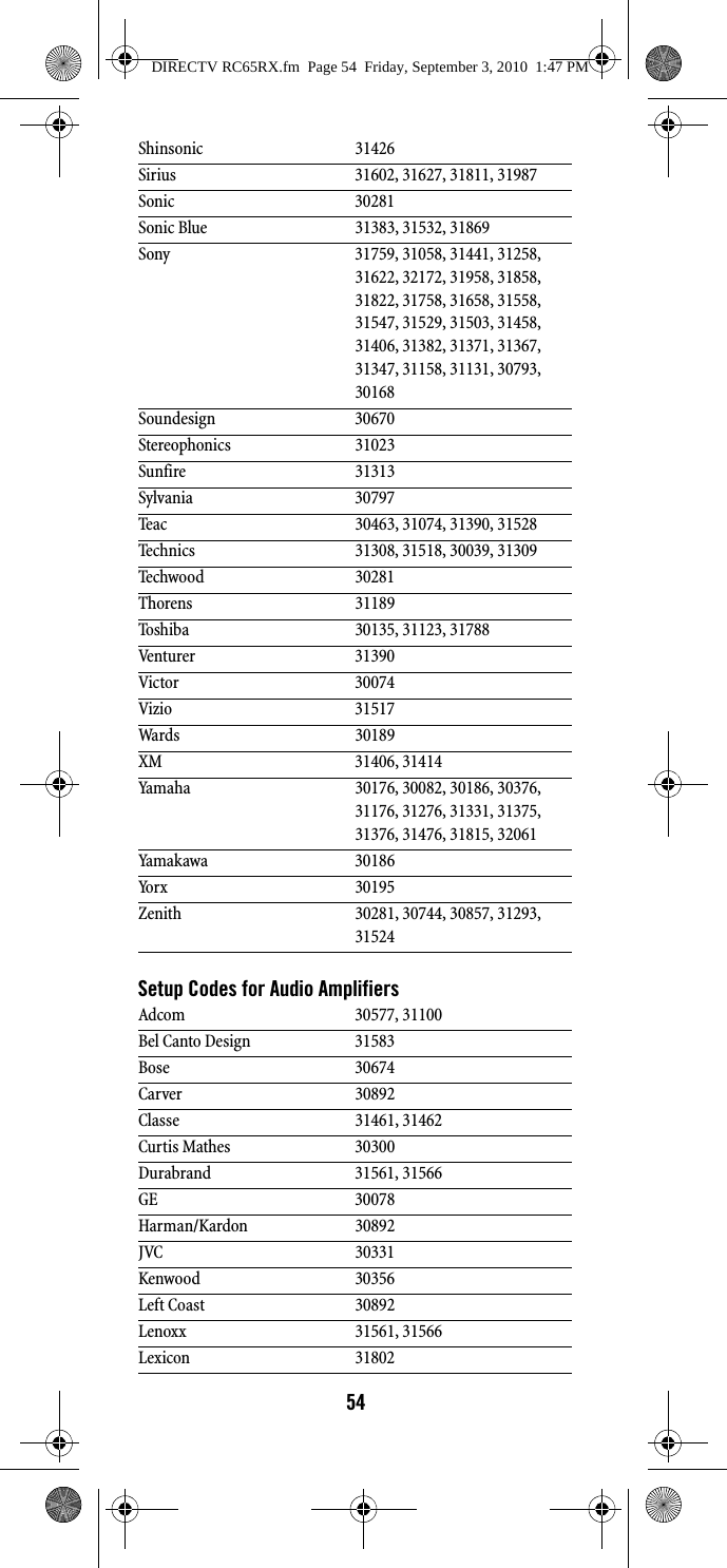 54Setup Codes for Audio AmplifiersShinsonic 31426Sirius 31602, 31627, 31811, 31987Sonic 30281Sonic Blue 31383, 31532, 31869Sony 31759, 31058, 31441, 31258, 31622, 32172, 31958, 31858, 31822, 31758, 31658, 31558, 31547, 31529, 31503, 31458, 31406, 31382, 31371, 31367, 31347, 31158, 31131, 30793, 30168Soundesign 30670Stereophonics 31023Sunfire 31313Sylvania 30797Teac 30463, 31074, 31390, 31528Technics 31308, 31518, 30039, 31309Techwood 30281Thorens 31189Toshiba 30135, 31123, 31788Venturer 31390Victor 30074Vizio 31517Wards 30189XM 31406, 31414Yamaha 30176, 30082, 30186, 30376, 31176, 31276, 31331, 31375, 31376, 31476, 31815, 32061Yamakawa 30186Yorx 30195Zenith 30281, 30744, 30857, 31293, 31524Adcom 30577, 31100Bel Canto Design 31583Bose 30674Carver 30892Classe 31461, 31462Curtis Mathes 30300Durabrand 31561, 31566GE 30078Harman/Kardon 30892JVC 30331Kenwood 30356Left Coast 30892Lenoxx 31561, 31566Lexicon 31802DIRECTV RC65RX.fm  Page 54  Friday, September 3, 2010  1:47 PM