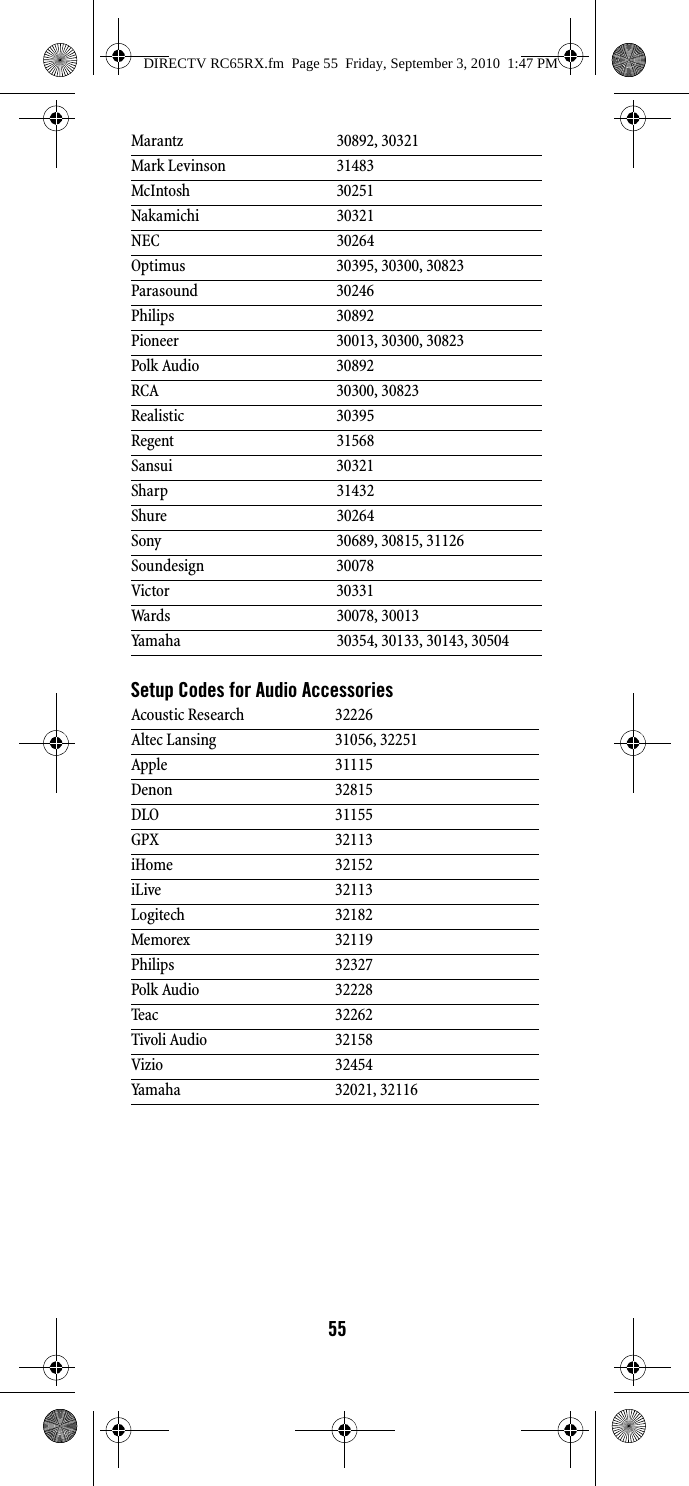 55Setup Codes for Audio AccessoriesMarantz 30892, 30321Mark Levinson 31483McIntosh 30251Nakamichi 30321NEC 30264Optimus 30395, 30300, 30823Parasound 30246Philips 30892Pioneer 30013, 30300, 30823Polk Audio 30892RCA 30300, 30823Realistic 30395Regent 31568Sansui 30321Sharp 31432Shure 30264Sony 30689, 30815, 31126Soundesign 30078Victor 30331Wards 30078, 30013Yamaha 30354, 30133, 30143, 30504Acoustic Research 32226Altec Lansing 31056, 32251Apple 31115Denon 32815DLO 31155GPX 32113iHome 32152iLive 32113Logitech 32182Memorex 32119Philips 32327Polk Audio 32228Teac 32262Tivoli Audio 32158Vizio 32454Yamaha 32021, 32116DIRECTV RC65RX.fm  Page 55  Friday, September 3, 2010  1:47 PM