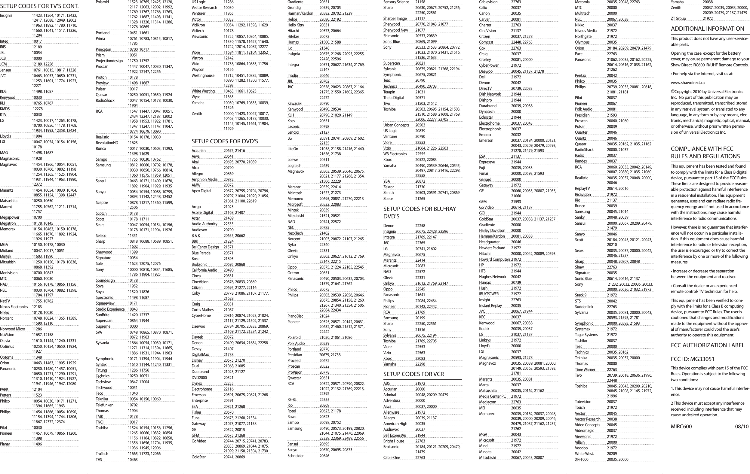 SETUP CODES FOR TV&apos;S CONT.Insignia                       11423, 11564, 10171, 12432,    12417, 12088, 12049, 12002    11963, 11892, 11780, 11710,    11660, 11641, 11517, 11326,                               11204Inteq                           10017iRIS                               12189JBL                               10054JCB                              10000JCM                             12189, 12256Jensen                        10761, 10815, 10817, 11326JVC                              10463, 10053, 10650, 10731,    11253, 11601, 11774, 11923,                                     12271KDS                              11498, 11687Kenwood                    10030KLH                              10765, 10767KMDS                           12278KTV                              10030LG                                11423, 10017, 11265, 10178,    10700, 10856, 11178, 11768,                                    11934, 11993, 12358, 12424Lloyd&apos;s                        11904LXI                              10047, 10054, 10154, 10156,    10178MAG                            11498, 11687Magnasonic               11928Magnavox                  11454, 11866, 10054, 10051,    10030, 10706, 10802, 11198    11254, 11365, 11525, 11904,    11931, 11944, 11963, 11990,                                    12372Marantz                     11454, 10054, 10030, 10704,    10855, 11154, 11398, 12447Matsushita                10250, 10650Maxent                      11755, 10762, 11211, 11714,    11757Megapower               10700Megatron                   10178, 10145Memorex                   10154, 10463, 10150, 10178,    11665, 11670, 11892, 11924,                                    11926, 11927MGA                            10150, 10178, 10030Midland                     10047, 10017, 10051Mintek                        11603, 11990Mitsubishi                  11250, 10150, 10178, 10836,    10868, 11392Monivision                 10700, 10843MTC                             10060, 10030NAD                             10156, 10178, 10866, 11156NEC                          10030, 10704, 10882, 11398,    11704, 11797NetTV                         11755, 10762Nexus Electronics     12183Nikko                        10178, 10030Norcent                      10748, 10824, 11365, 11589,    11590, 12110Norwood Micro        11286NuVision                    11657, 12158Olevia                          11610, 11144, 11240, 11331Optimus                   10250, 10154, 10650, 11924,    11927Optoma                     11348Orion                          10463, 11463, 11905, 11929Panasonic                 10250, 11480, 11457, 10051,    10650, 11271, 11290, 11291,                              11310, 11410, 11924, 11927,    11941, 11946, 11947, 12080PARK                           12104Petters                       11523Philco                          10054, 10030, 10171, 11271,    11394, 11665, 11963Philips                 11454, 11866, 10054, 10690,    11154, 11394, 11744, 11806,                                   11867, 12372, 12374Pilot                            10030Pioneer                       11457, 10679, 10866, 11260,    11398Planar                         11496  Polaroid        11523, 10765, 12425, 12120,    12117, 12063, 12002, 11992,                 11769, 11767, 11766, 11763,    11762, 11687, 11498, 11341,                         11328, 11326, 11314, 11286,    11276, 10865Portland                  10451, 11661Prima                         10761, 10783, 10815, 10817,    11785Princeton                  10700, 10717Prism                           10051Projectiondesign      11750, 11752Proscan                       11447, 10047, 10030, 11347,    11922, 12147, 12256Proton                        10178Proview                      11498, 11687Pulsar                         10017Quasar                       10250, 10051, 10650, 11924RadioShack               10047, 10154, 10178, 10030,    11904RCA                           11547, 11447, 10047, 10051,    12434, 12247, 12187, 12002    11958, 11953, 11922, 11781,    11347, 11247, 11147, 11047,                                 10774, 10679, 10090Realistic                     10154, 10178, 10030RevolutionHD           11623Runco                       10017, 10030, 10603, 11292,    11398, 11629Sampo                       11755, 10030, 10762Samsung                    10812, 10060, 10702, 10178,    10030, 10650, 10766, 10814,                                    11060, 11575, 11959, 12051Sansui                       10463, 10171, 11409, 11670,    11892, 11904, 11929, 11935Sanyo                         10054, 10154, 10088, 10799,    10893, 11142, 12448, 12452Sceptre                      10878, 11217, 11360, 11599,    12506Scotch                        10178Scott                          10178, 11711Sears                           10047, 10054, 10154, 10156,    10178, 10171, 11904, 11926Seleco                         11351Sharp                          10818, 10688, 10689, 10851,    11602Sherwood                  11399Signature                   10054Sole                             11623, 12075, 12076Sony                            10000, 10810, 10834, 11685,    11786, 11904, 11925Soundesign               10178Sova                            11952Soyo                            11520, 11826Spectroniq                 11498, 11687Squareview               10171Studio Experience    10843SunBrite                     11420, 12337Superscan                  10864, 11944Supreme                    10000SVA                              10748, 10865, 10870, 10871,    10872, 11963Sylvania                     11864, 10054, 10030, 10171,    11271, 11314, 11394, 11665,                                11886, 11931, 11944, 11963Symphonic               10171, 11394, 11904, 11944Syntax                     11610, 11144, 11240, 11331Tatung            11286, 11756Technics                     10250, 10051Techview                    10847, 12004Techwood                  10051Teco                             11040Teknika                     10054, 10150, 10060Telefunken                10702Thomas         11904TMK                            10178TNCi                            10017Toshiba                     11524, 10154, 10156, 11256,    11265, 10060, 10832, 10854    11156, 11164, 10822, 10650,    11356, 11656, 11704, 11935,                                 11936, 11945, 12006TruTech                    11665, 11723, 12066TVS                              10463US Logic                     11286Vector Research        10030Venturer                     11865Victor                          10053Vidikron                      10054, 11292, 11398, 11629Vidtech                       10178Viewsonic                   11755, 10857, 10864, 10885,    11330, 11578, 11627, 11640,                                  11742, 12014, 12087, 12277Viore                          11684, 11811, 12104, 12352Vistron                       12142Vizio                            11758, 10864, 10885, 11756Waycon                    10156Westinghouse          11712, 10451, 10885, 10889,    10890, 11282, 11300, 11577,                             12293White Westing.  10463, 11661, 10623Wyse                        11365Yamaha                 10030, 10769, 10833, 10839,    11526Zenith                       10000, 11423, 10047, 10017,    10463, 11265, 10178, 10030,                            11145, 10145, 11661, 11904,    11929SETUP CODES FOR DVD&apos;SAccurian     20675, 21416Aiwa                         20641Akai                             20695, 20770, 21089Alco                             20790Allegro                        20869Amphion Media  20872AMW                          20872Apex Digital               20672, 20755, 20794, 20796,    20797, 21004, 21020, 21056,                                  21061, 21100, 22619Arrgo                          21023Aspire Digital            21168, 21407Astar                            21489Audio Authority        22555Audiovox                   20790B &amp; K                           20655, 20662BBK                              21224Bel Canto Design    21571Blue Parade               20571Bose                           21895Broksonic                20695, 20868California Audio   20490Cinea                        20831CineVision                20876, 20833, 20869Citizen                        20695, 21277, 22116Coby                         20778, 21086, 21107, 21177,    21628Craig                          20831Curtis Mathes           21087CyberHome      20816, 20874, 21023, 21024,    21117, 21129, 21502, 21537Daewoo                    20784, 20705, 20833, 20869,    21169, 21172, 21234, 21242Daytek                   20872Denon                      20490, 20634, 21634, 22258Desay                         21407DigitalMax                21738Disney                       20675, 21270Dual                         21068, 21085Durabrand     21023, 21127DVD2000                   20521Dynex                         22255Electrohome             22116Emerson                     20591, 20675, 20821, 21268Enterprise                  20591ESA                             20821, 21268Fisher                          20670Funai                           20675, 21268, 21334Gateway                    21073, 21077, 21158GE                                20522, 20815GFM                            20675, 21268Go Video                   20744, 20715, 20741, 20783,    20833, 20869, 21044, 21075,                                  21099, 21158, 21304, 21730GoldStar                   20741, 20869Gradiente                  20651Grundig                     20539, 20705Harman/Kardon       20582, 20702, 21229Helios                         22080, 22192Hello Kitty                 20831Hitachi                        20573, 20664Hiteker                        20672Humax                        21500, 21588iLo                               21348Insignia                    20675, 21268, 22095, 22255,    22428, 22596Integra                     20571, 20627, 21634, 21769,    22147Irradio                       20646JBL                             20702JVC                            20558, 20623, 20867, 21164,    21275, 21550, 21602, 22365,                                   22472Kawasaki                 20790Kenwood                 20490, 20534KLH                          20790, 21020, 21149Koss                            20651Lasonic                       20798Lenoxx                       21127LG                               20591, 20741, 20869, 21602,    22135LiteOn                     21058, 21158, 21416, 21440,    21656, 21738Loewe                        20511Logitech                    22639Magnavox                20503, 20539, 20646, 20675,    20821, 21177, 21268, 21354,                            21506, 22229Marantz                   20539, 22414McIntosh                  21533, 21273Memorex                   20695, 20831, 21270, 22213Microsoft                   20522, 22083Mintek                        20839Mitsubishi                 21521, 20521NAD                           20741, 22572NEC                             20785NexxTech                  21402Norcent                    21003, 20872, 21107, 21265Nyko                           22340Olevia                         22331Onkyo                        20503, 20627, 21612, 21769,    22147, 22215Oppo                        20575, 21224, 22185, 22545Oritron                    20651Panasonic            20490, 20503, 20632, 20703,    21579, 21641, 21762Philco                         20675Philips                       20503, 20539, 22056, 20646,    20675, 20854, 21158, 21260,                   21267, 21340, 21354, 21506,    22084, 22434PianoDisc               21024Pioneer                     20525, 20571, 20142, 20631,    20632, 21460, 21512, 21571,                                  22442Polaroid                    21020, 21061, 21086Polk Audio                20539Portland                    20770Presidian                    20675, 21738Proceed     20672Proscan                      20522ProVision                    20778Qwestar                     20651RCA                          20522, 20571, 20790, 20822,    21022, 21132, 21769, 22213,                                   22392RE-BL                      22555Rio                              20869Rotel                         20623, 21178Rowa                         20823Sampo                      20698, 20752Samsung                   20490, 20573, 20199, 20820,    21044, 21075, 21470, 22069,                                22329, 22369, 22489, 22556Sansui                  20695Sanyo                         20670, 20695, 20873Schneider                 20646Sensory Science     21158Sharp                        20630, 20675, 20752, 21256,    22250, 22561Sharper Image         21117Sherwood                20770, 21043, 21077Sherwood New        21077Shinsonic                 20533, 20839Sonic Blue                 20869, 21099Sony                          20533, 21533, 20864, 20772,    21033, 21070, 21431, 21516,                                 21536, 21633Superscan                20821Sylvania                     20675, 20821, 21268, 22194Symphonic               20675, 20821Teac                             20790Technics                    20490, 20703Terapin                      21031Theta Digital              20571Tivo                             21503, 21512Toshiba                      20503, 20695, 21154, 21503,    21510, 21588, 21608, 21769,                               22006, 22277, 22705Urban Concepts     20503US Logic                     20839Venturer                    20790Viore                           22553Vizio                           21064, 21226, 22563WB Electronics       22555Xbox                          20522, 22083Yamaha                    20490, 20539, 20646, 20545,    20497, 20817, 21416, 22298,                                   22558YBA                            20872Zektor                        21730Zenith                        20503, 20591, 20741, 20869Zoece                         21265SETUP CODES FOR BLU RAY DVD&apos;SDenon            22258Insignia                      20675, 22428, 22596Integra                        21769, 22147JVC                              22365LG                                20741, 21602Magnavox                  20675Marantz                     22414Microsoft                   22083NAD                            22572Olevia                        22331Onkyo                        21612, 21769, 22147Oppo                         22545Panasonic                 21641Philips                         22084, 22434Pioneer                     20142, 22442RCA                            21769Samsung                  20199Sharp                          22250, 22561Sony                            21516Sylvania                     20675, 22194Toshiba                       21769, 22705Viore                 22553Vizio                            22563Xbox                           22083Yamaha                     22298SETUP CODES FOR VCRABS               21972Accurian                    20000Admiral                     20048, 20209, 20479Adventura                 20000Aiwa                          20037, 20000Alienware                  21972Allegro                       20039, 21137American High        20035Audiovox                   20037Bell ExpressVu           21944Bright House            22763Broksonic                   20184, 20121, 20209, 20479,    21479Cable One                22763Cablevision               22763Calix                           20037Canon                        20035Carver                        20081Charter                      22763CineVision                 21137Citizen                       20037, 21278Comcast                     22448, 22763Cox                             22763Craig                          20037Crosley                        20081, 20000CyberPower              21972Daewoo                     20045, 21137, 21278Dell                           21972Denon                       20042DirecTV                      20739, 22033Dish Network           21944Dishpro                      21944Durabrand                20039, 20038Dynatech                  20000Echostar                    21944Electrohome             20037, 20043Electrophonic          20037Emerex                      20032Emerson                    20037, 20184, 20000, 20121,    20043, 20209, 20479, 20593,                             21278, 21479, 21593ESA                            21137Expressvu                  21944Fuji                              20035, 20033Funai                          20000, 20593, 21593Garrard                       20000Gateway                    21972GE                              20060, 20035, 20807, 21035,    21060GFM                          21593Go Video                   20614, 21137GOI                            21944GoldStar                  20037, 20038, 21137, 21237Gradiente                 20000Harley Davidson     20000Harman/Kardon       20081, 20038Headquarter             20046Hewlett Packard       21972Hitachi                        20000, 20042, 20089, 20593Howard Computers 21972HP                    21972HTS                             21944Hughes Network   20042Humax                     20739Hush                          21972iBUYPOWER              21972Insight                       22763Instant Replay           20035JVC                              20067, 21944KEC                             20037Kenwood                   20067, 20038Kodak             20035, 20037LG                               21037, 21137Linksys                       21972Lloyd&apos;s                        20000LXI                               20037Magnasonic             20593, 21278Magnavox                 20035, 20039, 20081, 20000,    20149, 20563, 20593, 21593,                            21781Marantz                    20035, 20081Marta                        20037Matsushita               20035, 20162, 21162Media Center PC   21972Mediacom                 22763MEI                            20035Memorex                 20035, 20162, 20037, 20048,    20039, 20000, 20209, 20046,                              20479, 21037, 21162, 21237,    21262MGA                         20043Microsoft                  21972Mind                         21972Minolta                     20042Mitsubishi                 20067, 20043, 20807Motorola                  20035, 20048, 22763MTC                          20000Multitech                  20000NEC                           20067, 20038Nikko                         20037Niveus Media          21972Northgate                 21972Olympus                    20035Orion                    20184, 20209, 20479, 21479Pace                            22763Panasonic                 21062, 20035, 20162, 20225,    20614, 20616, 21035, 21162,                           21262Pentax                       20042Philco                     20035Philips                       20739, 20035, 20081, 20618,    21081, 21181Pilot                           20037Pioneer                     20067Polk Audio                20081Presidian                   21593Proscan                      20060, 21060Pulsar                         20039Quarter                      20046Quartz                        20046Quasar                      20035, 20162, 21035, 21162RadioShack            20000, 21037Radix                         20037Randex                     20037RCA                         20060, 20035, 20042, 20149,    20807, 20880, 21035, 21060Realistic              20035, 20037, 20048, 20000,    20046ReplayTV                20614, 20616Ricavision                 21972Rio                            21137Runco                      20039Samsung                   20045, 21014Sanky                         20048, 20039Sansui                        20000, 20067, 20209, 20479,    21479Sanyo                       20046Scott                        20184, 20045, 20121, 20043,    20210Sears                         20035, 20037, 20000, 20042,    20046, 21237Sharp                         20048, 20807, 20848Shaw                       22763Signature                20035Sonic Blue           20614, 20616, 21137Sony                           21232, 20032, 20035, 20033,    20000, 20636, 21032, 21972Stack 9             21972STS                     20042Suddenlink                22763Sylvania              20035, 20081, 20000, 20043,    20593, 21593, 21781Symphonic              20000, 20593, 21593Systemax                   21972Tagar Systems           21972Tashiko                       20037Teac                            20000Technics                    20035, 20162Teknika                      20035, 20037, 20000Thomas                     20000Time Warner             22763Tivo                         20739, 20618, 20636, 21996,    22448Toshiba                 20045, 20043, 20209, 20210,    20845, 21008, 21145, 21972,                   21996Totevision             20037Touch                      21972Vector                       20045Vector Research      20038Video Concepts       20045Videomagic               20037Viewsonic                   21972Villain                         20000Voodoo                     21972White West.  20209XR-1000           20035, 20000Yamaha                    20038Zenith                       20037, 20039, 20033, 20000,    20209, 20479, 21137, 21479ZT Group            21972ADDITIONAL INFORMATIONThis product does not have any user-service-able parts.Opening the case, except for the battery cover, may cause permanent damage to your Shaw Direct IRC600 IR/UHF Remote Controls.• For help via the Internet, visit us at:www.shawdirect.ca©Copyright 2010 by Universal Electronics Inc.  No part of this publication may be reproduced, transmitted, transcribed, stored in any retrieval system, or translated to any language, in any form or by any means, elec-tronic, mechanical, magnetic, optical, manual, or otherwise, without prior written permis-sion of Universal Electronics Inc.COMPLIANCE WITH FCC RULES AND REGULATIONSThis equipment has been tested and found to comply with the limits for a Class B digital device, pursuant to part 15 of the FCC Rules. These limits are designed to provide reason-able protection against harmful interference in a residential installation. This equipment generates, uses and can radiate radio fre-quency energy and if not used in accordance with the instructions, may cause harmful interference to radio communications.However, there is no guarantee that interfer-ence will not occur in a particular installa-tion. If this equipment does cause harmful interference to radio or television reception, the user is encouraged or try to correct the interference by one or more of the following measures:• Increase or decrease the separation between the equipment and receiver.• Consult the dealer or an experienced remote control/ TV technician for help.This equipment has been veried to com-ply with the limits for a Class B computing device, pursuant to FCC Rules. The user is cautioned that changes and modications made to the equipment without the approv-al of manufacturer could void the user&apos;s authority to operate this equipment.FCC AUTHORIZATION LABELFCC ID: MG33051This device complies with part 15 of the FCC Rules. Operation is subject to the following two conditions:1. This device may not cause harmful interfer-ence.2 This device must accept any interference received, including interference that may cause undesired operation..MIRC600                                 08/10                