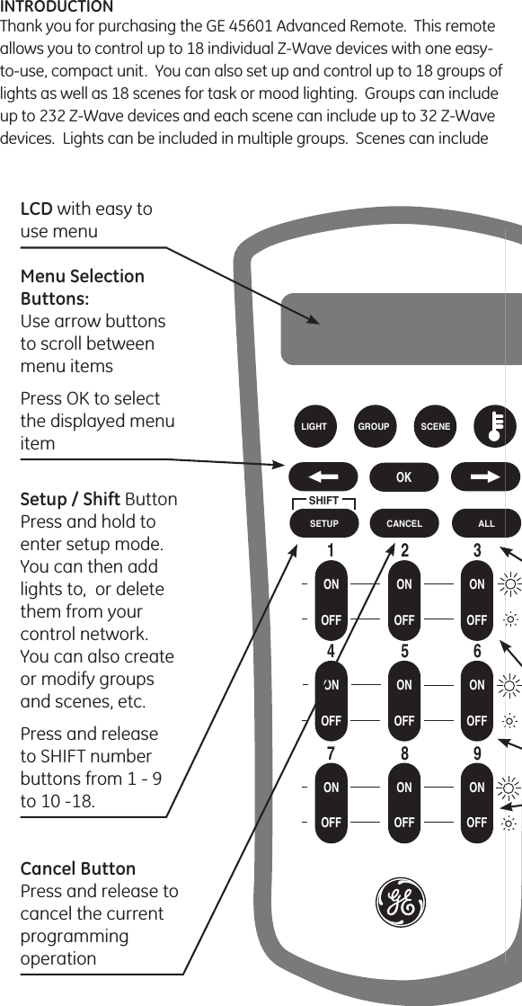 INTRODUCTIONThank you for purchasing the GE 45601 Advanced Remote.  This remote allows you to control up to 18 individual Z-Wave devices with one easy-to-use, compact unit.  You can also set up and control up to 18 groups of lights as well as 18 scenes for task or mood lighting.  Groups can include up to 232 Z-Wave devices and each scene can include up to 32 Z-Wave devices.  Lights can be included in multiple groups.  Scenes can include Basic remoteLCD remoteOK1 2 34 5 67 8 9ONOFFONOFFONOFFONOFFONOFFONOFFONOFFONOFFONOFFCANCELSETUPSHIFTLIGHT GROUP SCENEALLOKONOFFONOFFONOFFONOFFONOFFONOFFONOFFONOFFONOFFCANCELSETUPNODE GROUP SCENEALLBasic remoteLCD remoteOK1 2 34 5 67 8 9ONOFFONOFFONOFFONOFFONOFFONOFFONOFFONOFFONOFFCANCELSETUPSHIFTLIGHT GROUP SCENEALLOKONOFFONOFFONOFFONOFFONOFFONOFFONOFFONOFFONOFFCANCELSETUPNODE GROUP SCENEALLLCD with easy to use menuMenu Selection Buttons:Use arrow buttons to scroll between menu itemsPress OK to select the displayed menu itemSetup / Shift ButtonPress and hold to enter setup mode.  You can then add lights to,  or delete them from your control network.   You can also create or modify groups and scenes, etc.Press and release to SHIFT number buttons from 1 - 9 to 10 -18. Cancel ButtonPress and release to cancel the current programming operation