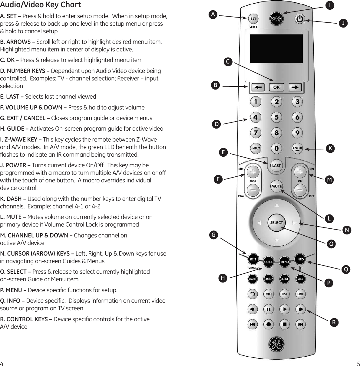 45Audio/Video Key ChartA. SET – Press &amp; hold to enter setup mode.  When in setup mode, press &amp; release to back up one level in the setup menu or press  &amp; hold to cancel setup.B. ARROWS – Scroll left or right to highlight desired menu item.  Highlighted menu item in center of display is active.C. OK – Press &amp; release to select highlighted menu itemD. NUMBER KEYS – Dependent upon Audio Video device being controlled.  Examples: TV - channel selection; Receiver – input selectionE. LAST – Selects last channel viewedF. VOLUME UP &amp; DOWN – Press &amp; hold to adjust volumeG. EXIT / CANCEL – Closes program guide or device menusH. GUIDE – Activates On-screen program guide for active videoI. Z-WAVE KEY – This key cycles the remote between Z-Wave and A/V modes.  In A/V mode, the green LED beneath the button flashes to indicate an IR command being transmitted.J. POWER – Turns current device On/Off.  This key may be  programmed with a macro to turn multiple A/V devices on or off with the touch of one button.  A macro overrides individual  device control.K. DASH – Used along with the number keys to enter digital TV channels.  Example: channel 4-1 or 4-2L. MUTE – Mutes volume on currently selected device or on  primary device if Volume Control Lock is programmedM. CHANNEL UP &amp; DOWN – Changes channel on  active A/V deviceN. CURSOR (ARROW) KEYS – Left, Right, Up &amp; Down keys for use  in navigating on-screen Guides &amp; MenusO. SELECT – Press &amp; release to select currently highlighted  on-screen Guide or Menu itemP. MENU – Device specific functions for setup.Q. INFO – Device specific.  Displays information on current video source or program on TV screenR. CONTROL KEYS – Device specific controls for the active  A/V device ABCDEFGHIJKLMNOPQR