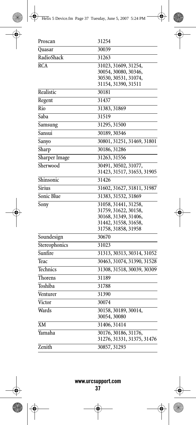 www.urcsupport.com37Proscan 31254Quasar 30039RadioShack 31263RCA 31023, 31609, 31254, 30054, 30080, 30346, 30530, 30531, 31074, 31154, 31390, 31511Realistic 30181Regent 31437Rio 31383, 31869Saba 31519Samsung 31295, 31500Sansui 30189, 30346Sanyo 30801, 31251, 31469, 31801Sharp 30186, 31286Sharper Image 31263, 31556Sherwood 30491, 30502, 31077, 31423, 31517, 31653, 31905Shinsonic 31426Sirius 31602, 31627, 31811, 31987Sonic Blue 31383, 31532, 31869Sony 31058, 31441, 31258, 31759, 31622, 30158, 30168, 31349, 31406, 31442, 31558, 31658, 31758, 31858, 31958Soundesign 30670Stereophonics 31023Sunfire 31313, 30313, 30314, 31052Teac 30463, 31074, 31390, 31528Technics 31308, 31518, 30039, 30309Thorens 31189Toshiba 31788Venturer 31390Victor 30074Wards 30158, 30189, 30014, 30054, 30080XM 31406, 31414Yamaha 30176, 30186, 31176, 31276, 31331, 31375, 31476Zenith 30857, 31293Helix 5 Device.fm  Page 37  Tuesday, June 5, 2007  5:24 PM