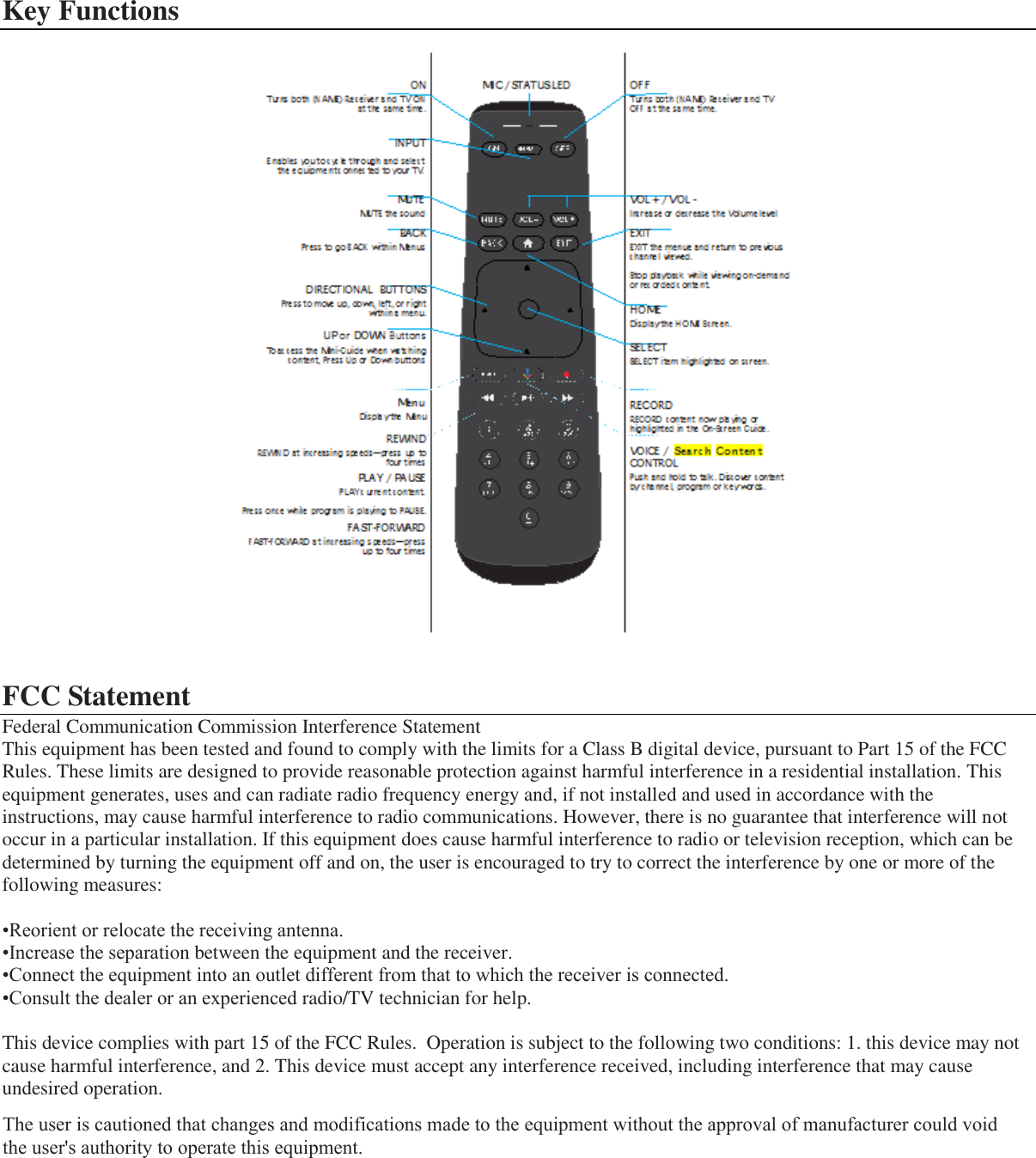 Key Functions FCC Statement Federal Communication Commission Interference Statement  This equipment has been tested and found to comply with the limits for a Class B digital device, pursuant to Part 15 of the FCC Rules. These limits are designed to provide reasonable protection against harmful interference in a residential installation. This equipment generates, uses and can radiate radio frequency energy and, if not installed and used in accordance with the instructions, may cause harmful interference to radio communications. However, there is no guarantee that interference will not occur in a particular installation. If this equipment does cause harmful interference to radio or television reception, which can be determined by turning the equipment off and on, the user is encouraged to try to correct the interference by one or more of the following measures:  •Reorient or relocate the receiving antenna.•Increase the separation between the equipment and the receiver.•Connect the equipment into an outlet different from that to which the receiver is connected.•Consult the dealer or an experienced radio/TV technician for help.This device complies with part 15 of the FCC Rules.  Operation is subject to the following two conditions: 1. this device may not cause harmful interference, and 2. This device must accept any interference received, including interference that may cause undesired operation. The user is cautioned that changes and modifications made to the equipment without the approval of manufacturer could void the user&apos;s authority to operate this equipment.