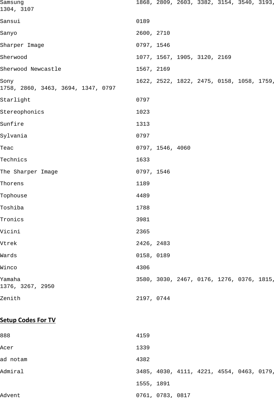 Samsung                                 1868, 2809, 2603, 3382, 3154, 3540, 3193, 1304, 3107 Sansui                                  0189 Sanyo                                   2600, 2710 Sharper Image                           0797, 1546 Sherwood                                1077, 1567, 1905, 3120, 2169 Sherwood Newcastle                      1567, 2169 Sony                                    1622, 2522, 1822, 2475, 0158, 1058, 1759, 1758, 2860, 3463, 3694, 1347, 0797 Starlight                               0797 Stereophonics                           1023 Sunfire                                 1313 Sylvania                                0797 Teac                                    0797, 1546, 4060 Technics                                1633 The Sharper Image                       0797, 1546 Thorens                                 1189 Tophouse                                4489 Toshiba                                 1788 Tronics                                 3981 Vicini                                  2365 Vtrek                                   2426, 2483 Wards                                   0158, 0189 Winco                                   4306 Yamaha                                  3580, 3030, 2467, 0176, 1276, 0376, 1815, 1376, 3267, 2950 Zenith                                  2197, 0744  Setup Codes For TV  888                                     4159 Acer                                    1339 ad notam                                4382 Admiral                                 3485, 4030, 4111, 4221, 4554, 0463, 0179,  1555, 1891 Advent                                  0761, 0783, 0817 