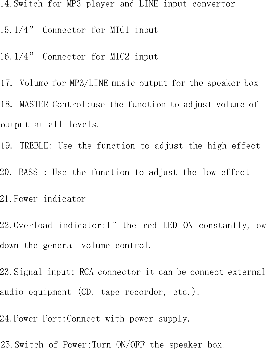 14.Switch for MP3 player and LINE input convertor15.1/4” Connector for MIC1 input16.1/4” Connector for MIC2 input17. Volume for MP3/LINE music output for the speaker box18. MASTER Control:use the function to adjust volume ofoutput at all levels.19. TREBLE: Use the function to adjust the high effect20. BASS : Use the function to adjust the low effect21.Power indicator22.Overload indicator:If the red LED ON constantly,lowdown the general volume control.23.Signal input: RCA connector it can be connect externalaudio equipment (CD, tape recorder, etc.).24.Power Port:Connect with power supply.25.Switch of Power:Turn ON/OFF the speaker box.