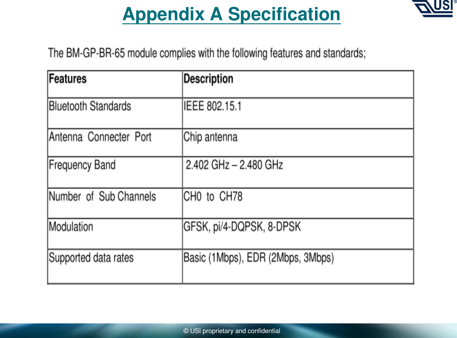 © USI proprietary and confidentialAppendix A Specification