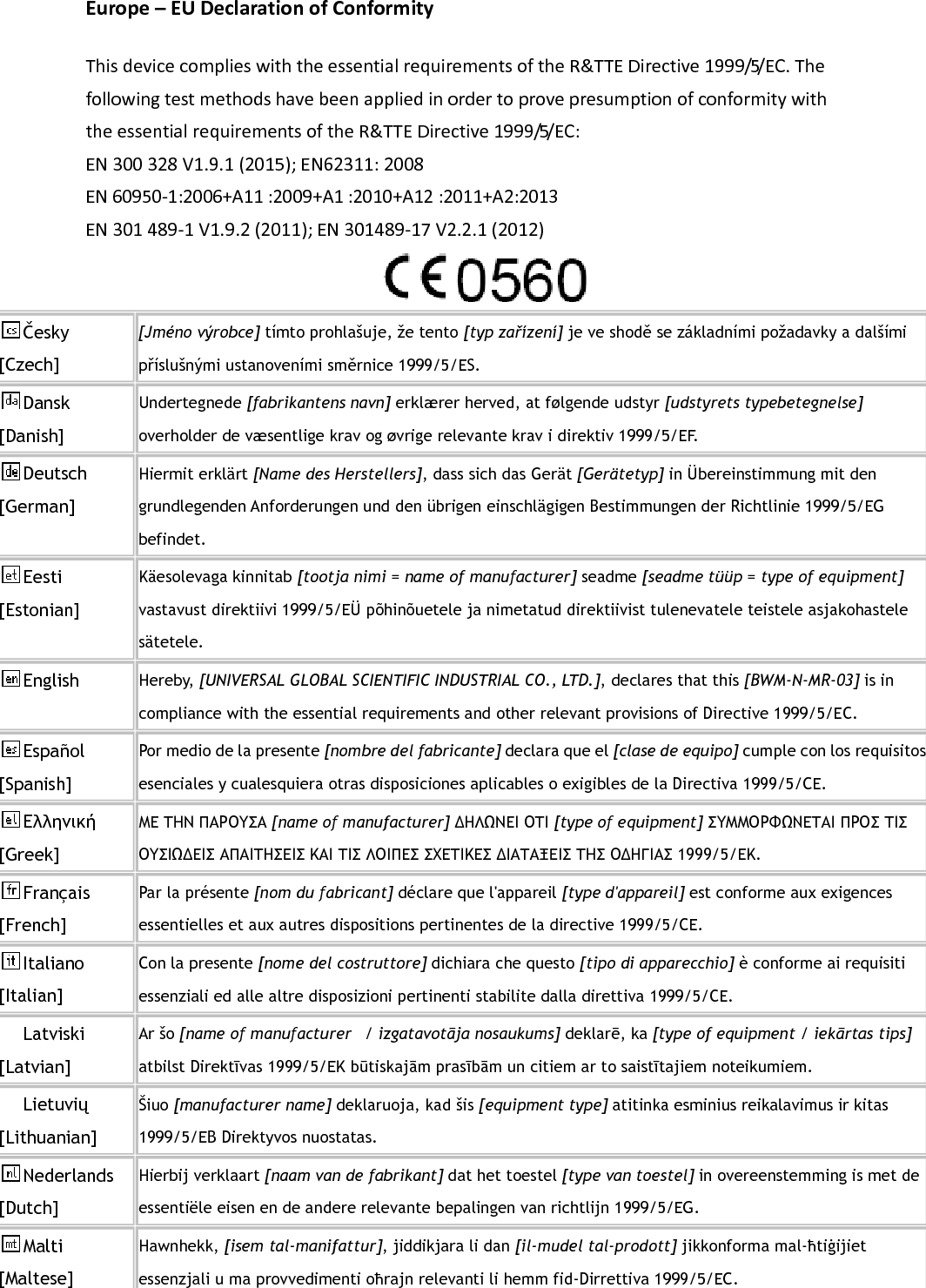 Europe–EUDeclarationofConformityThisdevicecomplieswiththeessentialrequirementsoftheR&amp;TTEDirective1999/5/EC.ThefollowingtestmethodshavebeenappliedinordertoprovepresumptionofconformitywiththeessentialrequirementsoftheR&amp;TTEDirective1999/5/EC:EN300328V1.9.1(2015);EN62311:2008EN60950‐1:2006+A11:2009+A1:2010+A12:2011+A2:2013EN301489‐1V1.9.2(2011);EN301489‐17V2.2.1(2012) Česky [Czech] [Jméno výrobce] tímto prohlašuje, že tento [typ zařízení] je ve shodě se základními požadavky a dalšími příslušnými ustanoveními směrnice 1999/5/ES. Dansk [Danish] Undertegnede [fabrikantens navn] erklærer herved, at følgende udstyr [udstyrets typebetegnelse] overholder de væsentlige krav og øvrige relevante krav i direktiv 1999/5/EF. Deutsch [German] Hiermit erklärt [Name des Herstellers], dass sich das Gerät [Gerätetyp] in Übereinstimmung mit den grundlegenden Anforderungen und den übrigen einschlägigen Bestimmungen der Richtlinie 1999/5/EG befindet. Eesti [Estonian] Käesolevaga kinnitab [tootja nimi = name of manufacturer] seadme [seadme tüüp = type of equipment] vastavust direktiivi 1999/5/EÜ põhinõuetele ja nimetatud direktiivist tulenevatele teistele asjakohastele sätetele. English  Hereby, [UNIVERSAL GLOBAL SCIENTIFIC INDUSTRIAL CO., LTD.], declares that this [BWM-N-MR-03] is in compliance with the essential requirements and other relevant provisions of Directive 1999/5/EC. Español [Spanish] Por medio de la presente [nombre del fabricante] declara que el [clase de equipo] cumple con los requisitos esenciales y cualesquiera otras disposiciones aplicables o exigibles de la Directiva 1999/5/CE. Ελληνική [Greek] ΜΕ ΤΗΝ ΠΑΡΟΥΣΑ [name of manufacturer] ΔΗΛΩΝΕΙ ΟΤΙ [type of equipment] ΣΥΜΜΟΡΦΩΝΕΤΑΙ ΠΡΟΣ ΤΙΣ ΟΥΣΙΩΔΕΙΣ ΑΠΑΙΤΗΣΕΙΣ ΚΑΙ ΤΙΣ ΛΟΙΠΕΣ ΣΧΕΤΙΚΕΣ ΔΙΑΤΑΞΕΙΣ ΤΗΣ ΟΔΗΓΙΑΣ 1999/5/ΕΚ. Français [French] Par la présente [nom du fabricant] déclare que l&apos;appareil [type d&apos;appareil] est conforme aux exigences essentielles et aux autres dispositions pertinentes de la directive 1999/5/CE. Italiano [Italian] Con la presente [nome del costruttore] dichiara che questo [tipo di apparecchio] è conforme ai requisiti essenziali ed alle altre disposizioni pertinenti stabilite dalla direttiva 1999/5/CE. Latviski [Latvian] Ar šo [name of manufacturer   / izgatavotāja nosaukums] deklarē, ka [type of equipment / iekārtas tips] atbilst Direktīvas 1999/5/EK būtiskajām prasībām un citiem ar to saistītajiem noteikumiem. Lietuvių [Lithuanian]  Šiuo [manufacturer name] deklaruoja, kad šis [equipment type] atitinka esminius reikalavimus ir kitas 1999/5/EB Direktyvos nuostatas. Nederlands [Dutch] Hierbij verklaart [naam van de fabrikant] dat het toestel [type van toestel] in overeenstemming is met de essentiële eisen en de andere relevante bepalingen van richtlijn 1999/5/EG. Malti [Maltese] Hawnhekk, [isem tal-manifattur], jiddikjara li dan [il-mudel tal-prodott] jikkonforma mal-ħtiġijiet essenzjali u ma provvedimenti oħrajn relevanti li hemm fid-Dirrettiva 1999/5/EC. 