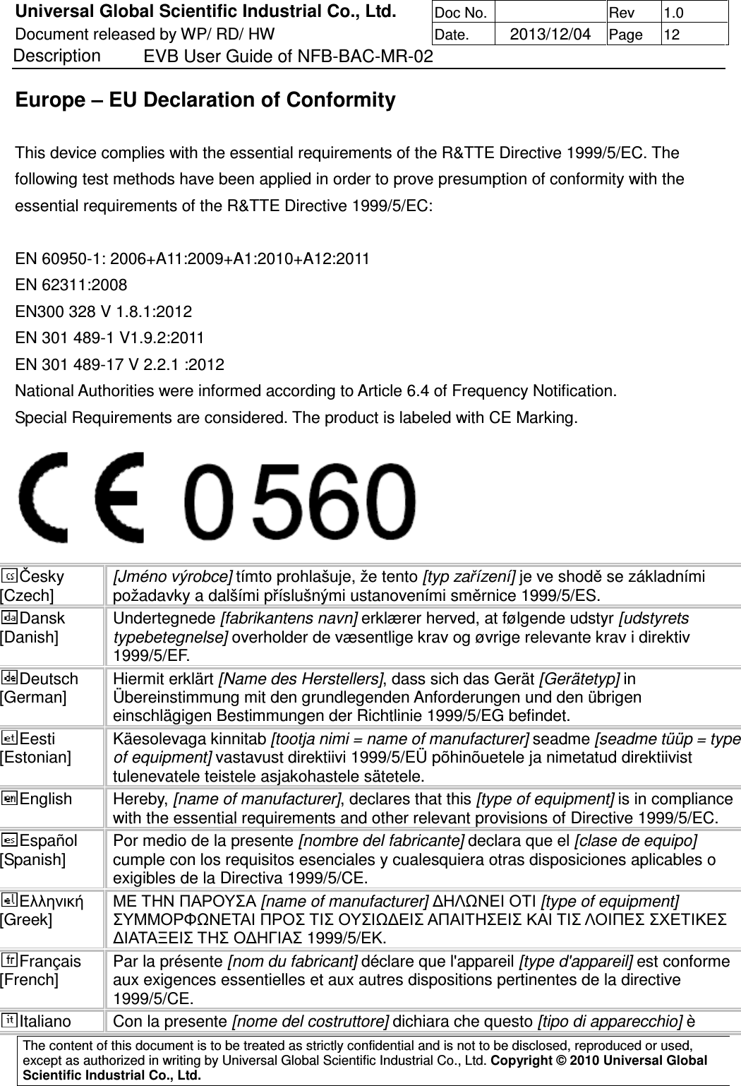 Universal Global Scientific Industrial Co., Ltd. Doc No.   Rev  1.0 Document released by WP/ RD/ HW Date.   2013/12/04 Page  12 Description    EVB User Guide of NFB-BAC-MR-02   The content of this document is to be treated as strictly confidential and is not to be disclosed, reproduced or used, except as authorized in writing by Universal Global Scientific Industrial Co., Ltd. Copyright © 2010 Universal Global Scientific Industrial Co., Ltd.  Europe – EU Declaration of Conformity  This device complies with the essential requirements of the R&amp;TTE Directive 1999/5/EC. The following test methods have been applied in order to prove presumption of conformity with the essential requirements of the R&amp;TTE Directive 1999/5/EC:  EN 60950-1: 2006+A11:2009+A1:2010+A12:2011 EN 62311:2008 EN300 328 V 1.8.1:2012 EN 301 489-1 V1.9.2:2011 EN 301 489-17 V 2.2.1 :2012 National Authorities were informed according to Article 6.4 of Frequency Notification. Special Requirements are considered. The product is labeled with CE Marking.  Česky [Czech]  [Jméno výrobce] tímto prohlašuje, že tento [typ zařízení] je ve shodě se základními požadavky a dalšími příslušnými ustanoveními směrnice 1999/5/ES. Dansk [Danish]  Undertegnede [fabrikantens navn] erklærer herved, at følgende udstyr [udstyrets typebetegnelse] overholder de væsentlige krav og øvrige relevante krav i direktiv 1999/5/EF. Deutsch [German]  Hiermit erklärt [Name des Herstellers], dass sich das Gerät [Gerätetyp] in Übereinstimmung mit den grundlegenden Anforderungen und den übrigen einschlägigen Bestimmungen der Richtlinie 1999/5/EG befindet. Eesti [Estonian]  Käesolevaga kinnitab [tootja nimi = name of manufacturer] seadme [seadme tüüp = type of equipment] vastavust direktiivi 1999/5/EÜ põhinõuetele ja nimetatud direktiivist tulenevatele teistele asjakohastele sätetele. English  Hereby, [name of manufacturer], declares that this [type of equipment] is in compliance with the essential requirements and other relevant provisions of Directive 1999/5/EC. Español [Spanish]  Por medio de la presente [nombre del fabricante] declara que el [clase de equipo] cumple con los requisitos esenciales y cualesquiera otras disposiciones aplicables o exigibles de la Directiva 1999/5/CE. Ελληνική [Greek]  ΜΕ ΤΗΝ ΠΑΡΟΥΣΑ [name of manufacturer] ∆ΗΛΩΝΕΙ ΟΤΙ [type of equipment] ΣΥΜΜΟΡΦΩΝΕΤΑΙ ΠΡΟΣ ΤΙΣ ΟΥΣΙΩ∆ΕΙΣ ΑΠΑΙΤΗΣΕΙΣ ΚΑΙ ΤΙΣ ΛΟΙΠΕΣ ΣΧΕΤΙΚΕΣ ∆ΙΑΤΑΞΕΙΣ ΤΗΣ Ο∆ΗΓΙΑΣ 1999/5/ΕΚ. Français [French]  Par la présente [nom du fabricant] déclare que l&apos;appareil [type d&apos;appareil] est conforme aux exigences essentielles et aux autres dispositions pertinentes de la directive 1999/5/CE. Italiano  Con la presente [nome del costruttore] dichiara che questo [tipo di apparecchio] è 