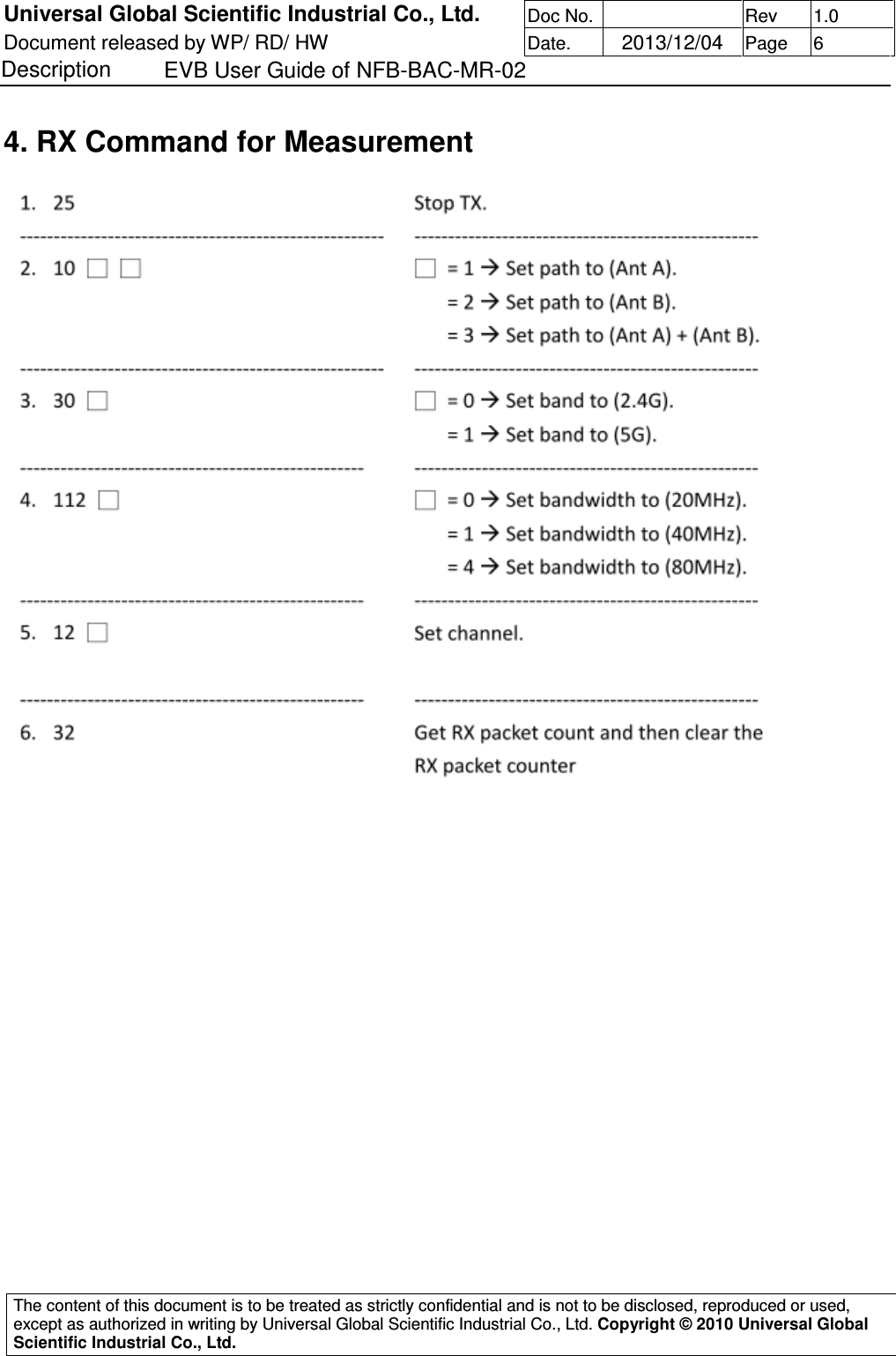 Universal Global Scientific Industrial Co., Ltd. Doc No.   Rev  1.0 Document released by WP/ RD/ HW Date.   2013/12/04 Page  6 Description    EVB User Guide of NFB-BAC-MR-02   The content of this document is to be treated as strictly confidential and is not to be disclosed, reproduced or used, except as authorized in writing by Universal Global Scientific Industrial Co., Ltd. Copyright © 2010 Universal Global Scientific Industrial Co., Ltd.  4. RX Command for Measurement           