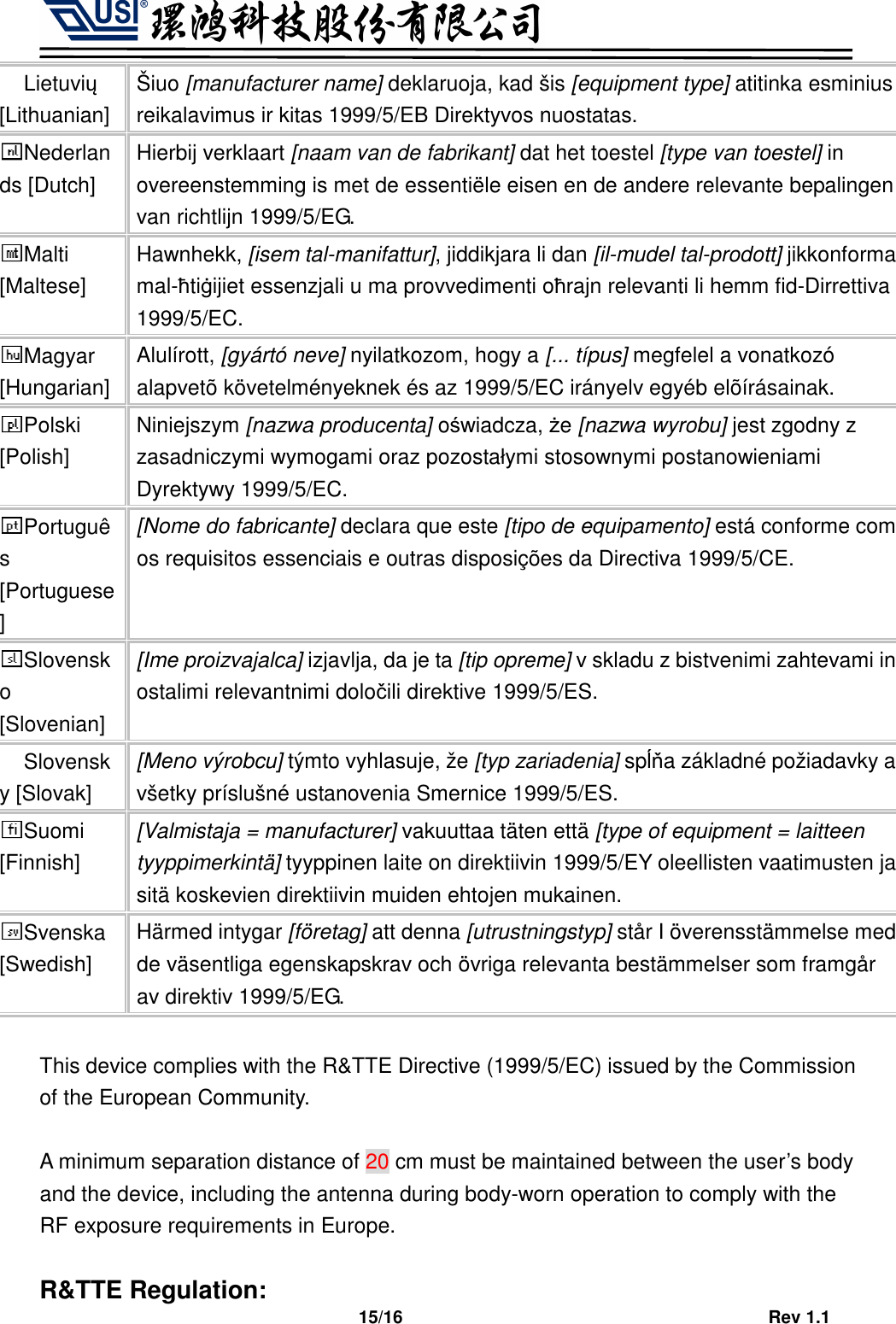                                   15/16                                         Rev 1.1 Lietuvių [Lithuanian]  Šiuo [manufacturer name] deklaruoja, kad šis [equipment type] atitinka esminius reikalavimus ir kitas 1999/5/EB Direktyvos nuostatas. Nederlands [Dutch] Hierbij verklaart [naam van de fabrikant] dat het toestel [type van toestel] in overeenstemming is met de essentiële eisen en de andere relevante bepalingen van richtlijn 1999/5/EG. Malti [Maltese] Hawnhekk, [isem tal-manifattur], jiddikjara li dan [il-mudel tal-prodott] jikkonforma mal-ħtiġijiet essenzjali u ma provvedimenti oħrajn relevanti li hemm fid-Dirrettiva 1999/5/EC. Magyar [Hungarian] Alulírott, [gyártó neve] nyilatkozom, hogy a [... típus] megfelel a vonatkozó alapvetõ követelményeknek és az 1999/5/EC irányelv egyéb elõírásainak. Polski [Polish] Niniejszym [nazwa producenta] oświadcza, że [nazwa wyrobu] jest zgodny z zasadniczymi wymogami oraz pozostałymi stosownymi postanowieniami Dyrektywy 1999/5/EC. Português [Portuguese] [Nome do fabricante] declara que este [tipo de equipamento] está conforme com os requisitos essenciais e outras disposições da Directiva 1999/5/CE. Slovensko [Slovenian] [Ime proizvajalca] izjavlja, da je ta [tip opreme] v skladu z bistvenimi zahtevami in ostalimi relevantnimi določili direktive 1999/5/ES. Slovensky [Slovak] [Meno výrobcu] týmto vyhlasuje, že [typ zariadenia] spĺňa základné požiadavky a všetky príslušné ustanovenia Smernice 1999/5/ES. Suomi [Finnish] [Valmistaja = manufacturer] vakuuttaa täten että [type of equipment = laitteen tyyppimerkintä] tyyppinen laite on direktiivin 1999/5/EY oleellisten vaatimusten ja sitä koskevien direktiivin muiden ehtojen mukainen. Svenska [Swedish] Härmed intygar [företag] att denna [utrustningstyp] står I överensstämmelse med de väsentliga egenskapskrav och övriga relevanta bestämmelser som framgår av direktiv 1999/5/EG.  This device complies with the R&amp;TTE Directive (1999/5/EC) issued by the Commission of the European Community.  A minimum separation distance of 20 cm must be maintained between the user’s body and the device, including the antenna during body-worn operation to comply with the RF exposure requirements in Europe.  R&amp;TTE Regulation: 