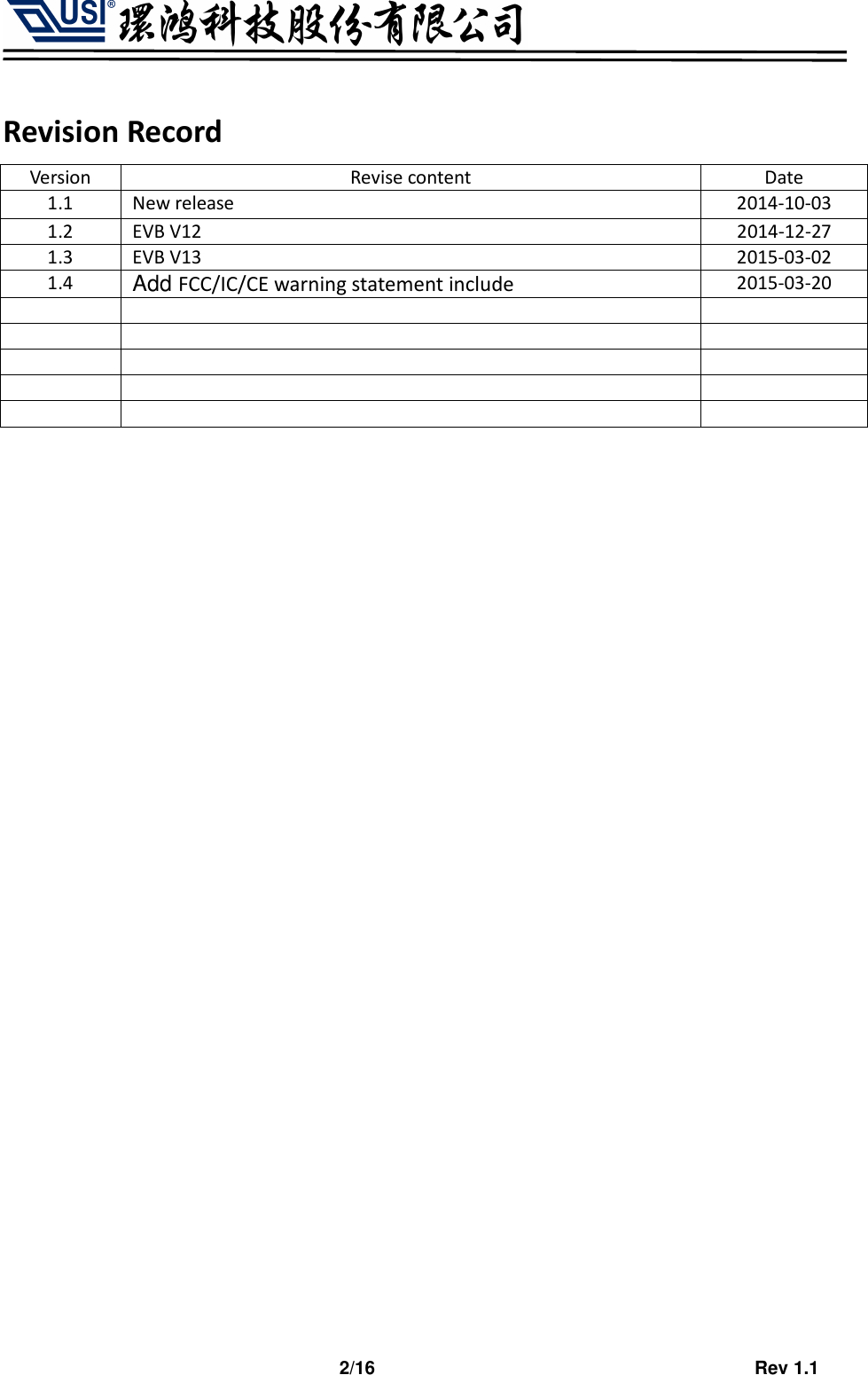                                   2/16                                         Rev 1.1  Revision Record Version  Revise content  Date 1.1  New release  2014-10-03 1.2  EVB V12  2014-12-27 1.3  EVB V13  2015-03-02 1.4 Add FCC/IC/CE warning statement include 2015-03-20                                                