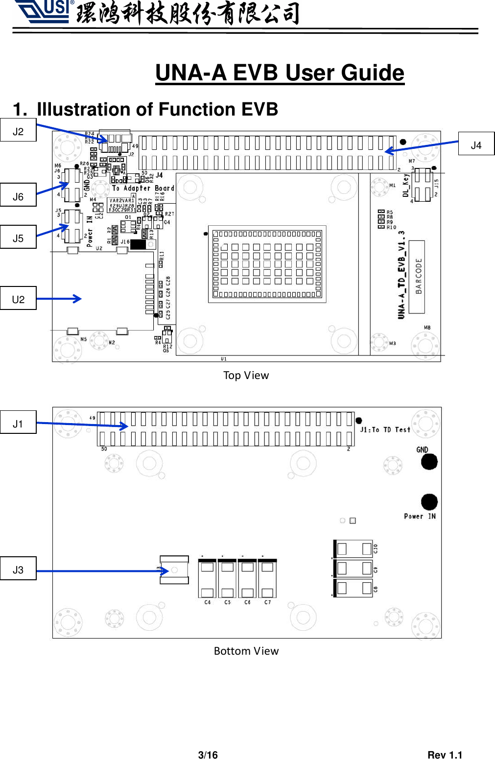                                   3/16                                         Rev 1.1  UNA-A EVB User Guide 1.  Illustration of Function EVB  Top View   Bottom View     J4 U2 J5 J6 J2 J1 J3 