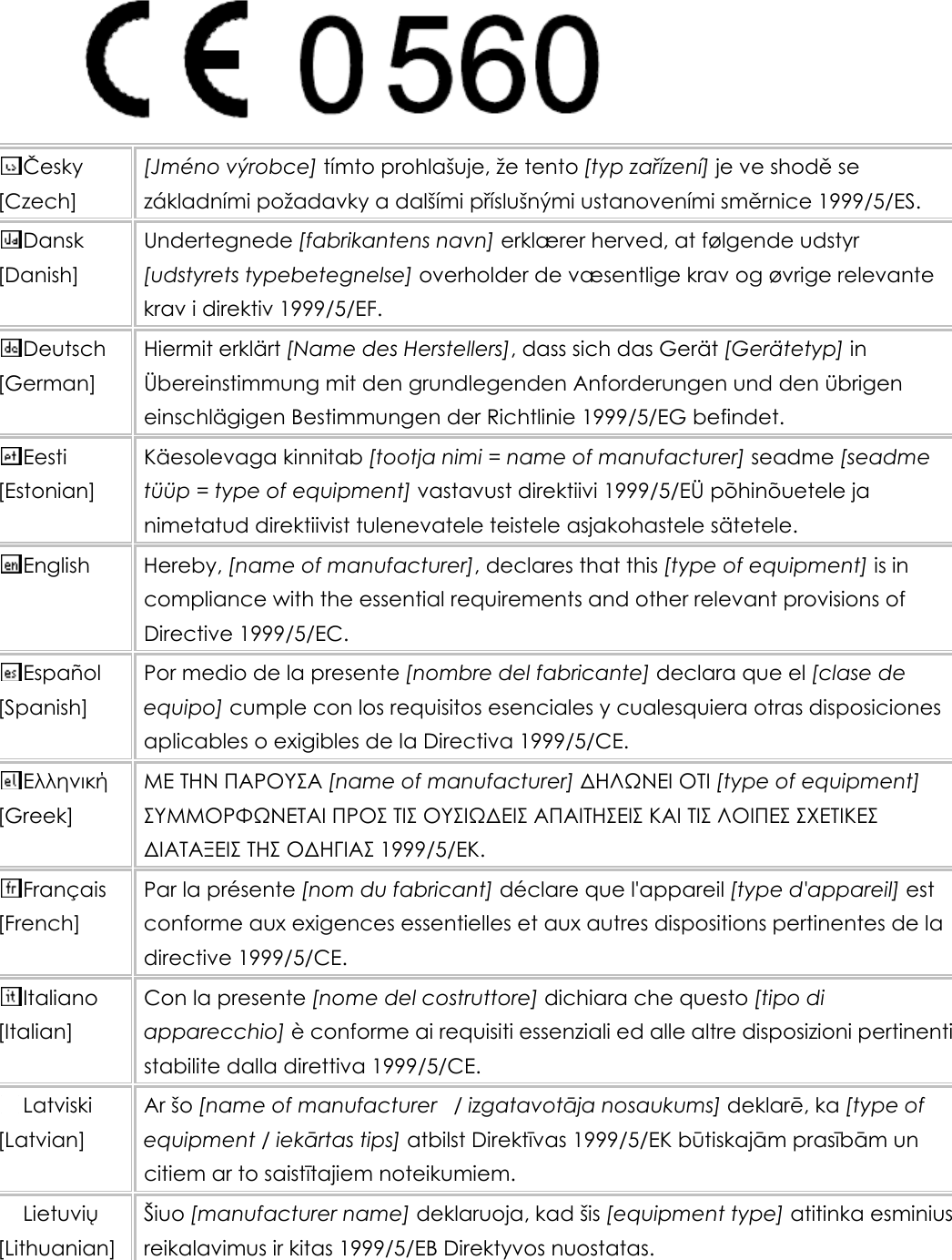  Česky [Czech] [Jméno výrobce] tímto prohlašuje, že tento [typ zařízení] je ve shodě se základními požadavky a dalšími příslušnými ustanoveními směrnice 1999/5/ES. Dansk [Danish] Undertegnede [fabrikantens navn] erklærer herved, at følgende udstyr [udstyrets typebetegnelse] overholder de væsentlige krav og øvrige relevante krav i direktiv 1999/5/EF. Deutsch [German] Hiermit erklärt [Name des Herstellers], dass sich das Gerät [Gerätetyp] in Übereinstimmung mit den grundlegenden Anforderungen und den übrigen einschlägigen Bestimmungen der Richtlinie 1999/5/EG befindet. Eesti [Estonian] Käesolevaga kinnitab [tootja nimi = name of manufacturer] seadme [seadme tüüp = type of equipment] vastavust direktiivi 1999/5/EÜ põhinõuetele ja nimetatud direktiivist tulenevatele teistele asjakohastele sätetele. English Hereby, [name of manufacturer], declares that this [type of equipment] is in compliance with the essential requirements and other relevant provisions of Directive 1999/5/EC. Español [Spanish] Por medio de la presente [nombre del fabricante] declara que el [clase de equipo] cumple con los requisitos esenciales y cualesquiera otras disposiciones aplicables o exigibles de la Directiva 1999/5/CE. Ελληνική [Greek] ΜΕ ΤΗΝ ΠΑΡΟΥΣΑ [name of manufacturer] ΔΗΛΩΝΕΙ ΟΤΙ [type of equipment] ΣΥΜΜΟΡΦΩΝΕΤΑΙ ΠΡΟΣ ΤΙΣ ΟΥΣΙΩΔΕΙΣ ΑΠΑΙΤΗΣΕΙΣ ΚΑΙ ΤΙΣ ΛΟΙΠΕΣ ΣΧΕΤΙΚΕΣ ΔΙΑΤΑΞΕΙΣ ΤΗΣ ΟΔΗΓΙΑΣ 1999/5/ΕΚ. Français [French] Par la présente [nom du fabricant] déclare que l&apos;appareil [type d&apos;appareil] est conforme aux exigences essentielles et aux autres dispositions pertinentes de la directive 1999/5/CE. Italiano [Italian] Con la presente [nome del costruttore] dichiara che questo [tipo di apparecchio] è conforme ai requisiti essenziali ed alle altre disposizioni pertinenti stabilite dalla direttiva 1999/5/CE. Latviski [Latvian] Ar šo [name of manufacturer   / izgatavotāja nosaukums] deklarē, ka [type of equipment / iekārtas tips] atbilst Direktīvas 1999/5/EK būtiskajām prasībām un citiem ar to saistītajiem noteikumiem. Lietuvių [Lithuanian]  Šiuo [manufacturer name] deklaruoja, kad šis [equipment type] atitinka esminius reikalavimus ir kitas 1999/5/EB Direktyvos nuostatas. 