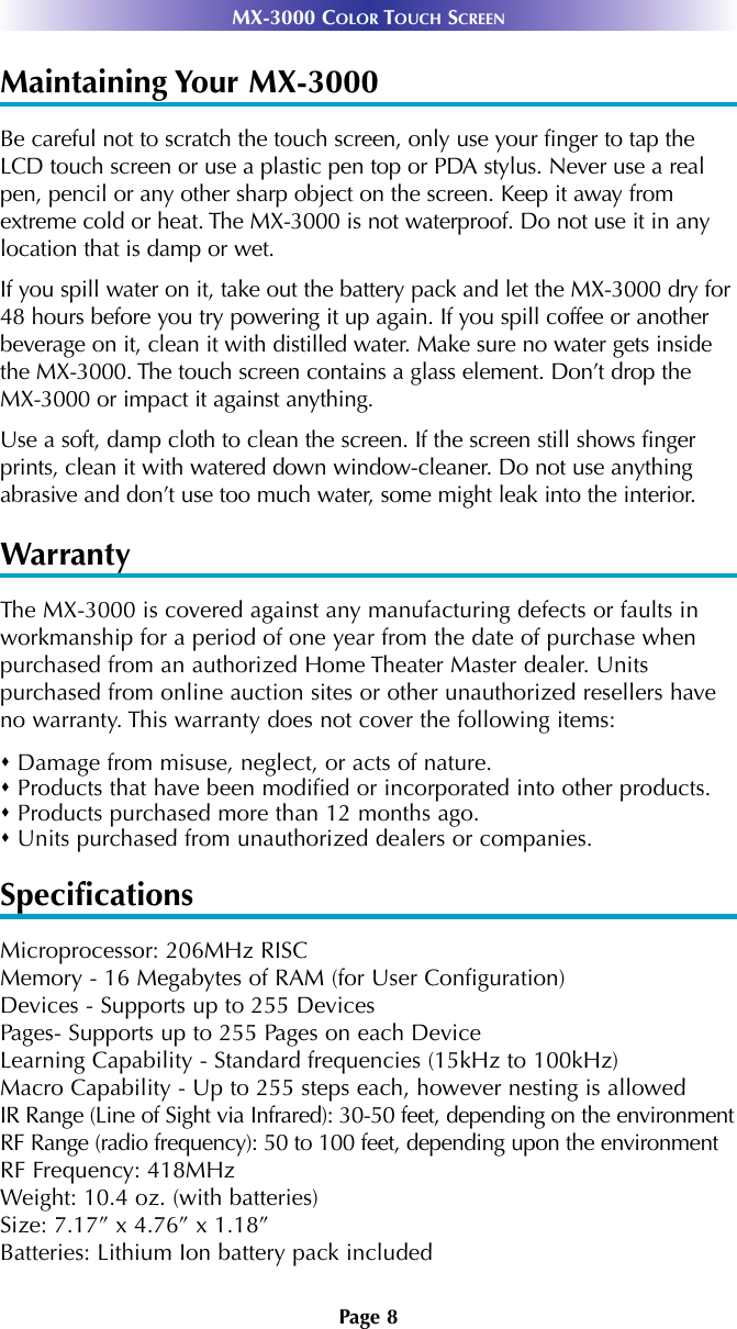 Page 11 of 12 - Universal-Remote-Control Univeral-Remote-Mx-3000-Owners-Manual MX3000 Owners Manual