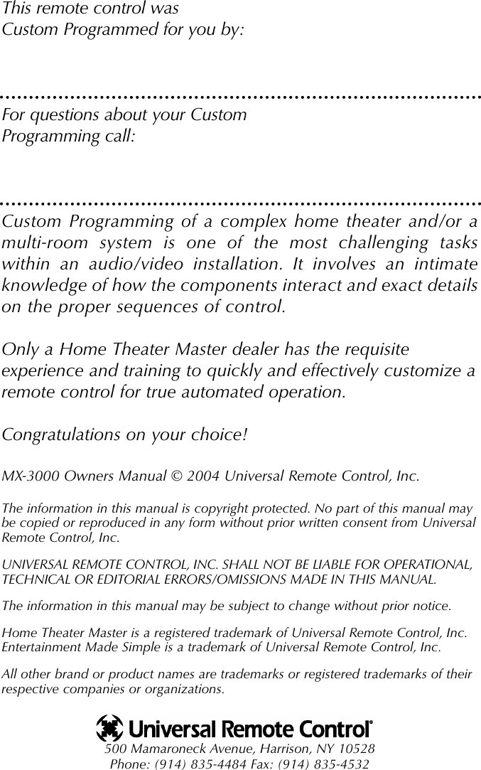 Page 2 of 12 - Universal-Remote-Control Univeral-Remote-Mx-3000-Owners-Manual MX3000 Owners Manual