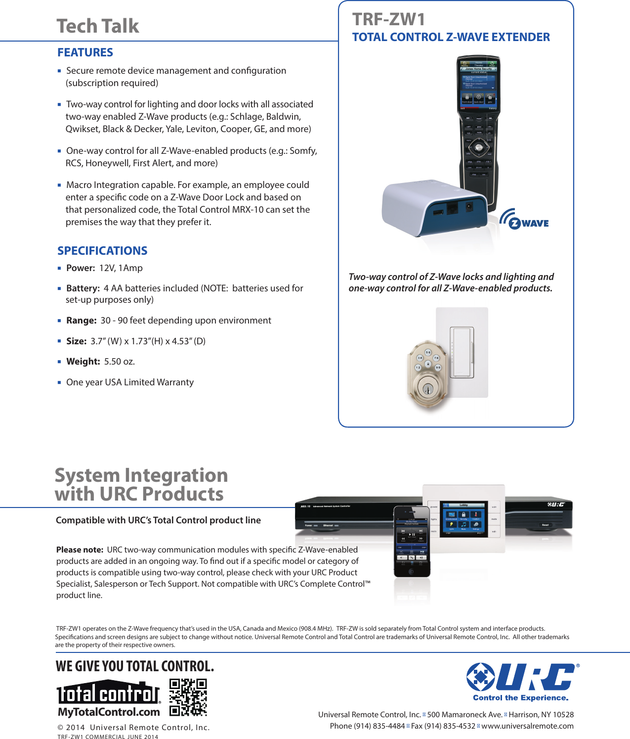 Page 2 of 2 - Universal-Remote-Control Universal-Remote-Control-Trf-Zw1-Commercial-Cut-Sheet- TRF-ZW1_Cutsheet_Commercial Revised 06-19-2014  Universal-remote-control-trf-zw1-commercial-cut-sheet