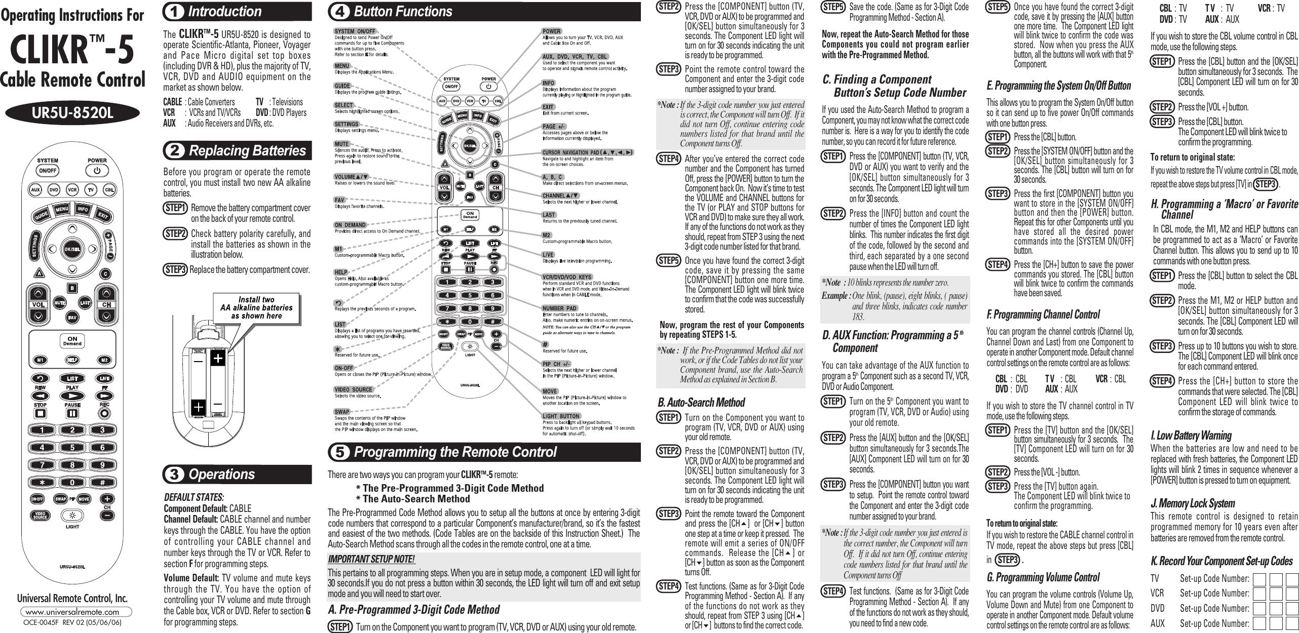 Page 1 of 2 - Universal-Remote-Control Universal-Remote-Control-Ur5U-8520L-Programming-Manual- OCE-0045F_UR5U-8520L_55*220  Universal-remote-control-ur5u-8520l-programming-manual