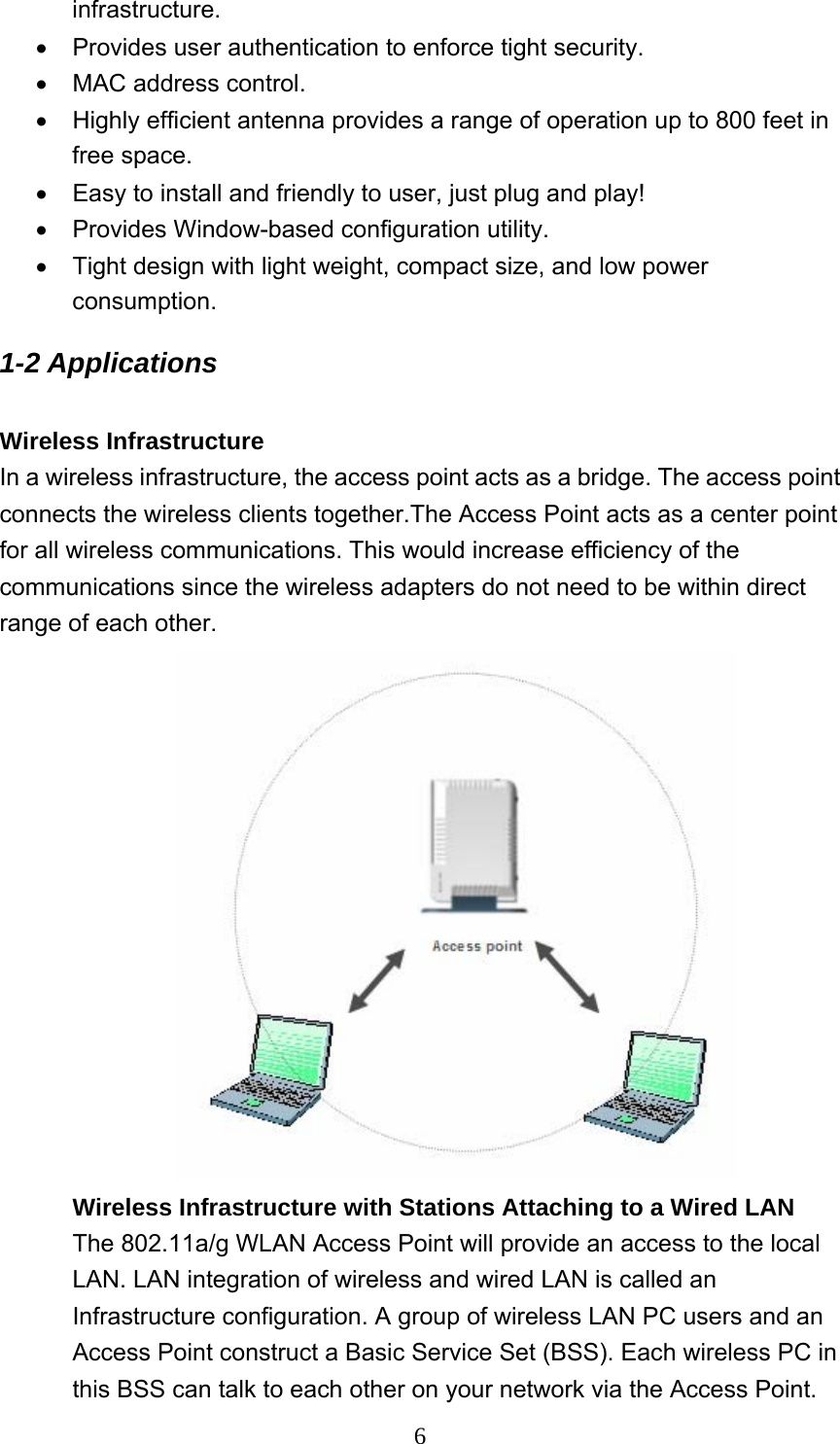  6infrastructure. •  Provides user authentication to enforce tight security. •  MAC address control.   •  Highly efficient antenna provides a range of operation up to 800 feet in free space. •  Easy to install and friendly to user, just plug and play! • Provides Window-based configuration utility. •  Tight design with light weight, compact size, and low power consumption. 1-2 Applications  Wireless Infrastructure In a wireless infrastructure, the access point acts as a bridge. The access point connects the wireless clients together.The Access Point acts as a center point for all wireless communications. This would increase efficiency of the communications since the wireless adapters do not need to be within direct range of each other.  Wireless Infrastructure with Stations Attaching to a Wired LAN The 802.11a/g WLAN Access Point will provide an access to the local LAN. LAN integration of wireless and wired LAN is called an Infrastructure configuration. A group of wireless LAN PC users and an Access Point construct a Basic Service Set (BSS). Each wireless PC in this BSS can talk to each other on your network via the Access Point. 