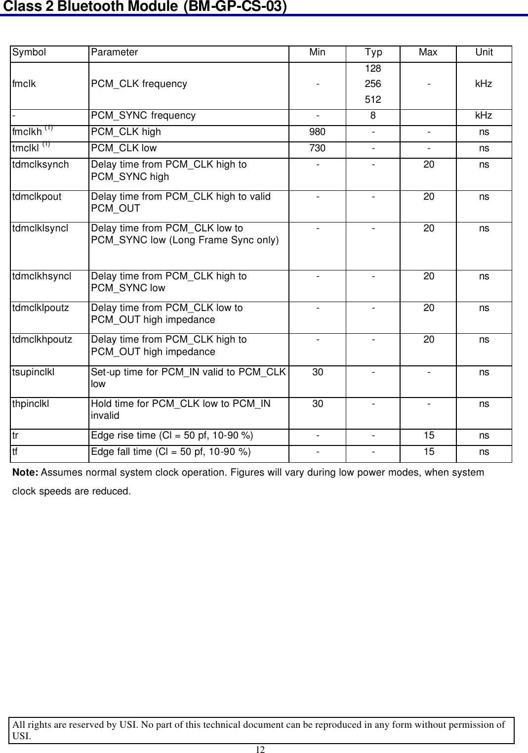 Class 2 Bluetooth Module (BM-GP-CS-03)                                                                                      All rights are reserved by USI. No part of this technical document can be reproduced in any form without permission of USI. 12   Symbol Parameter Min Typ Max Unit    128     fmclk PCM_CLK frequency - 256 - kHz    512     - PCM_SYNC frequency - 8    kHz fmclkh (1) PCM_CLK high 980 - - ns tmclkl (1) PCM_CLK low   730 - - ns tdmclksynch   Delay time from PCM_CLK high to PCM_SYNC high   - - 20 ns tdmclkpout   Delay time from PCM_CLK high to valid PCM_OUT   - - 20 ns tdmclklsyncl Delay time from PCM_CLK low to PCM_SYNC low (Long Frame Sync only) - - 20 ns tdmclkhsyncl   Delay time from PCM_CLK high to PCM_SYNC low   - - 20 ns tdmclklpoutz   Delay time from PCM_CLK low to PCM_OUT high impedance   - - 20 ns tdmclkhpoutz   Delay time from PCM_CLK high to PCM_OUT high impedance   - - 20 ns tsupinclkl   Set-up time for PCM_IN valid to PCM_CLK low   30 - - ns thpinclkl   Hold time for PCM_CLK low to PCM_IN invalid   30 - - ns tr   Edge rise time (Cl = 50 pf, 10-90 %)   - - 15 ns tf   Edge fall time (Cl = 50 pf, 10-90 %) - - 15 ns Note: Assumes normal system clock operation. Figures will vary during low power modes, when system clock speeds are reduced. 
