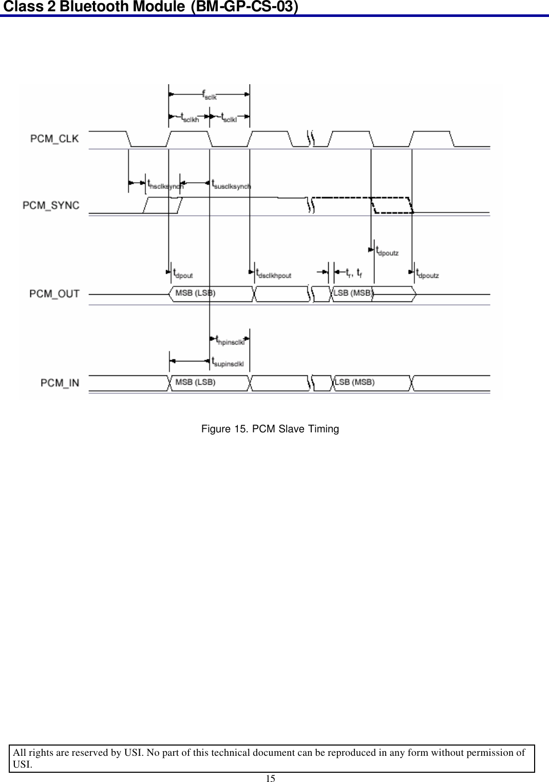 Class 2 Bluetooth Module (BM-GP-CS-03)                                                                                      All rights are reserved by USI. No part of this technical document can be reproduced in any form without permission of USI. 15     Figure 15. PCM Slave Timing 