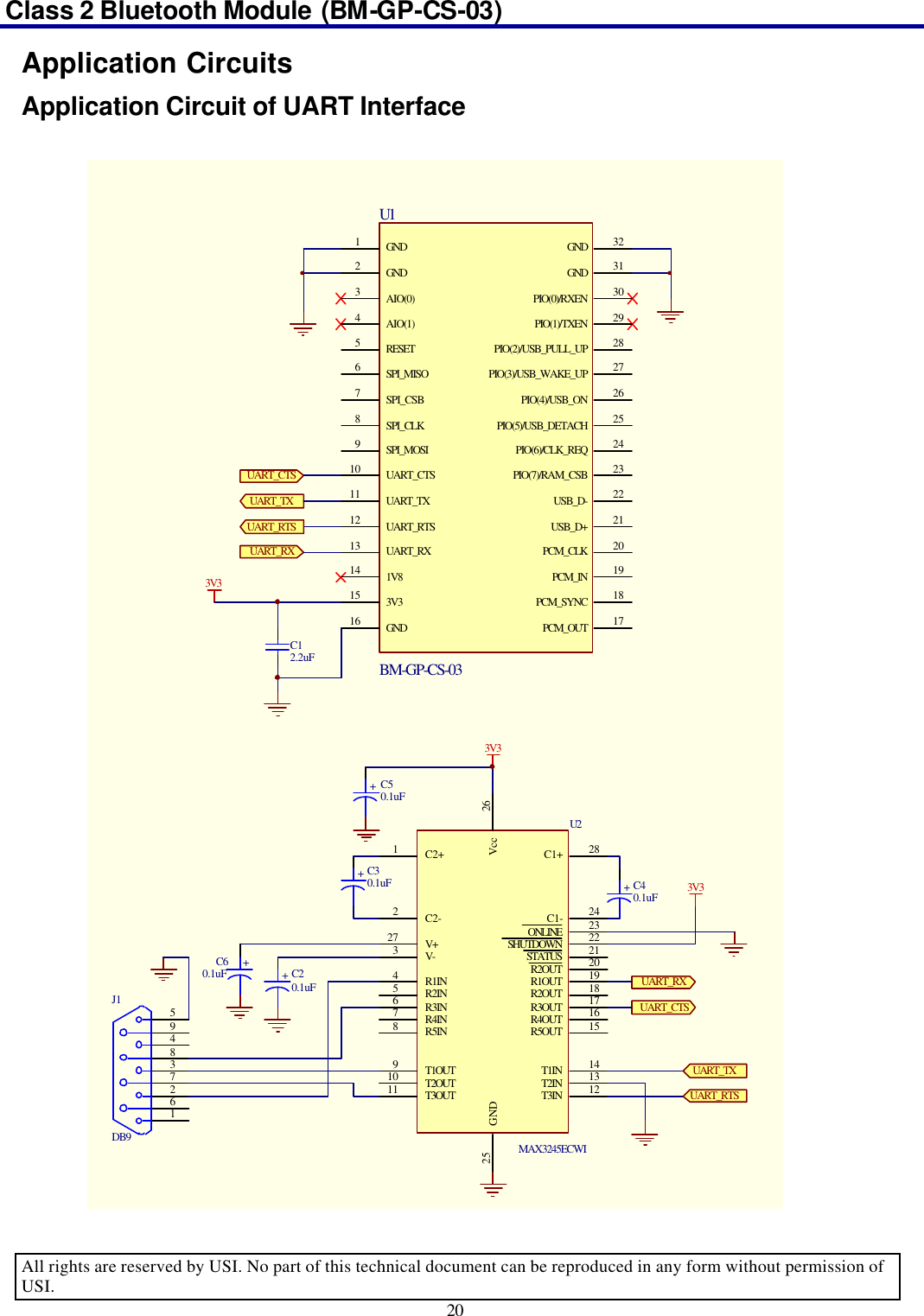 Class 2 Bluetooth Module (BM-GP-CS-03)                                                                                      All rights are reserved by USI. No part of this technical document can be reproduced in any form without permission of USI. 20  Application Circuits Application Circuit of UART Interface 3V3UART_TXUART_RXUART_RTSUART_CTSC12.2uFC2+1C2-2V-3R1IN4R2IN5R3IN6R4IN7R5IN8T1OUT9T2OUT10T3OUT11 T3IN 12T2IN 13T1IN 14R5OUT 15R4OUT 16R3OUT 17R2OUT 18R1OUT 19R2OUT 20STATUS 21SHUTDOWN 22ONLINE 23C1- 24GND25 Vcc 26V+27C1+ 28U2MAX3245ECWI+C30.1uF +C40.1uF+C60.1uF +C20.1uF+C50.1uF162738495J1DB9UART_TXUART_RTSUART_RXUART_CTS3V33V3GND1GND2AIO(0)3AIO(1)4RESET5SPI_MISO6SPI_CSB7SPI_CLK8SPI_MOSI9UART_CTS10UART_TX11UART_RTS12UART_RX131V8143V315GND16PCM_SYNC 18PCM_IN 19PCM_CLK 20USB_D+ 21USB_D- 22PIO(7)/RAM_CSB 23PIO(6)/CLK_REQ 24PIO(5)/USB_DETACH 25PIO(4)/USB_ON 26PIO(3)/USB_WAKE_UP 27PIO(2)/USB_PULL_UP 28PIO(1)/TXEN 29PIO(0)/RXEN 30GND 31GND 32PCM_OUT 17U1BM-GP-CS-03 