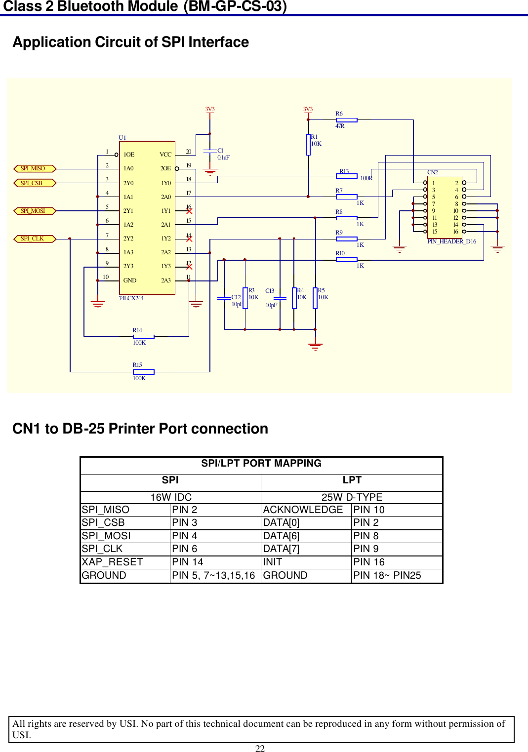 Class 2 Bluetooth Module (BM-GP-CS-03)                                                                                      All rights are reserved by USI. No part of this technical document can be reproduced in any form without permission of USI. 22  Application Circuit of SPI Interface                    CN1 to DB-25 Printer Port connection  SPI/LPT PORT MAPPING SPI LPT 16W IDC 25W D-TYPE SPI_MISO PIN 2 ACKNOWLEDGE PIN 10 SPI_CSB PIN 3 DATA[0] PIN 2 SPI_MOSI PIN 4 DATA[6] PIN 8 SPI_CLK PIN 6 DATA[7] PIN 9 XAP_RESET PIN 14 INIT PIN 16 GROUND PIN 5, 7~13,15,16 GROUND PIN 18~ PIN25 1 23 45 67 891011 1213 1415 16CN2PIN_HEADER_D16R13 100RR71KR81KR91KC10.1uF3V3R101KR14100KR15100KR510KR310K R410KC1310pFC1210pFR110KR647R3V31OE11A022Y031A142Y151A262Y271A382Y39GND101Y0 182A0 171Y1 162A1 151Y2 142A2 131Y3 122A3 112OE 19VCC 20U174LCX244SPI_MISOSPI_CSBSPI_MOSISPI_CLK