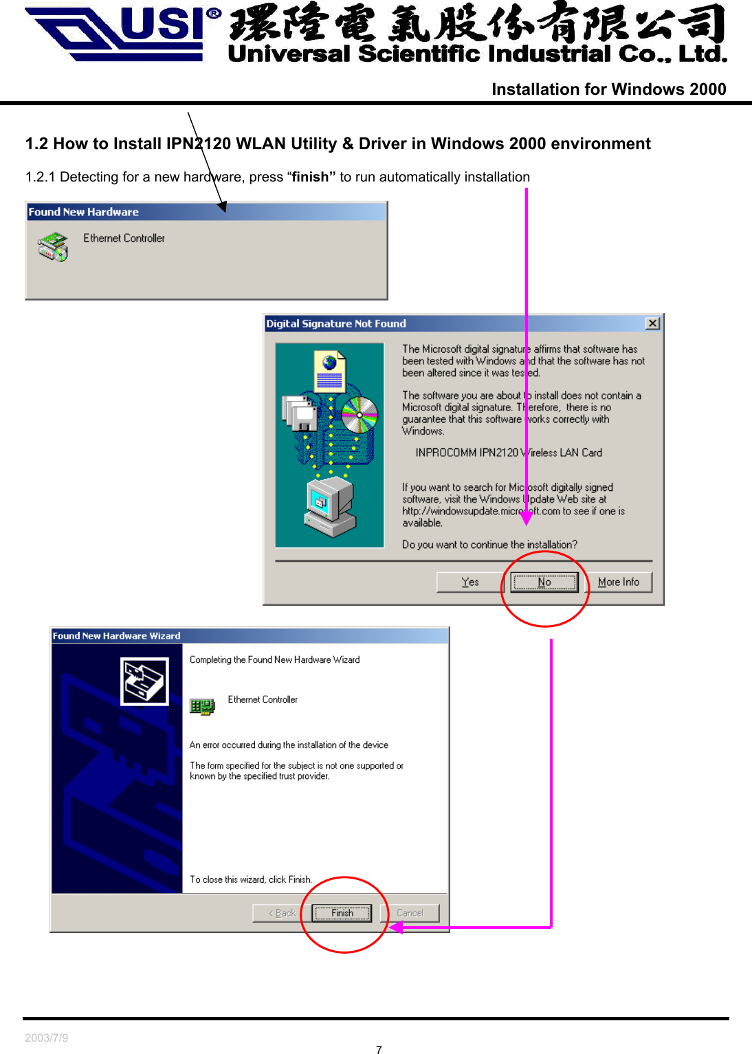   2003/7/9                                                                               7  Installation for Windows 2000   1.2 How to Install IPN2120 WLAN Utility &amp; Driver in Windows 2000 environment  1.2.1 Detecting for a new hardware, press “finish” to run automatically installation          