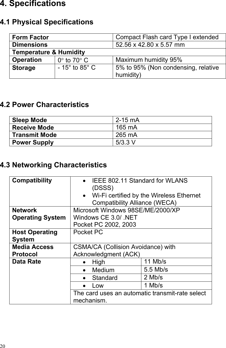  4. Specifications  4.1 Physical Specifications   Form Factor  Compact Flash card Type I extended Dimensions  52.56 x 42.80 x 5.57 mm  Temperature &amp; Humidity Operation  0° to 70° C  Maximum humidity 95% Storage   - 15° to 85° C  5% to 95% (Non condensing, relative humidity)    4.2 Power Characteristics   Sleep Mode  2-15 mA Receive Mode  165 mA Transmit Mode  265 mA Power Supply  5/3.3 V   4.3 Networking Characteristics  Compatibility  •  IEEE 802.11 Standard for WLANS (DSSS) •  Wi-Fi certified by the Wireless Ethernet Compatibility Alliance (WECA) Network Operating System Microsoft Windows 98SE/ME/2000/XP Windows CE 3.0/ .NET Pocket PC 2002, 2003 Host Operating System Pocket PC  Media Access Protocol CSMA/CA (Collision Avoidance) with Acknowledgment (ACK) • High  11 Mb/s • Medium  5.5 Mb/s • Standard  2 Mb/s • Low  1 Mb/s Data Rate  The card uses an automatic transmit-rate select mechanism.     20