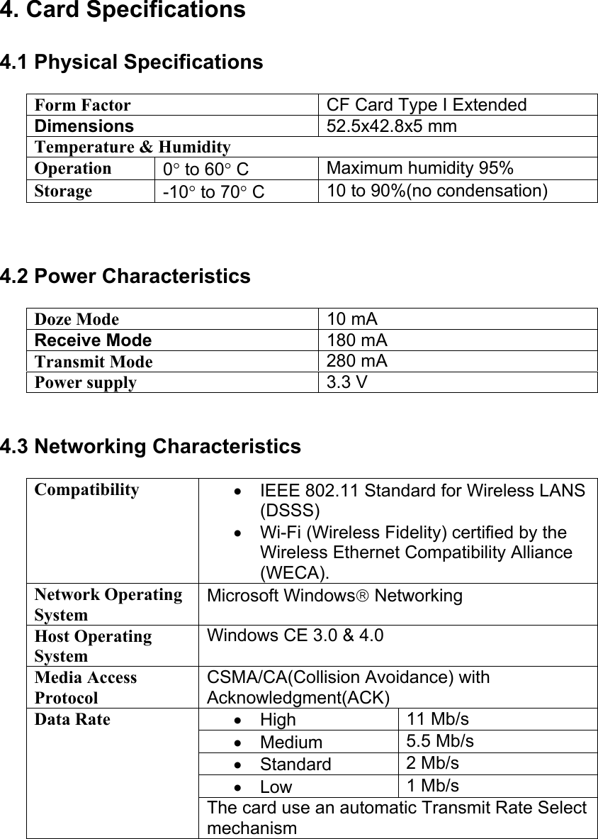 4. Card Specifications4.1 Physical Specifications Form Factor CF Card Type I ExtendedDimensions 52.5x42.8x5 mmTemperature &amp; HumidityOperation 0° to 60° C Maximum humidity 95%Storage  -10° to 70° C 10 to 90%(no condensation)4.2 Power Characteristics Doze Mode 10 mAReceive Mode 180 mATransmit Mode 280 mAPower supply 3.3 V4.3 Networking CharacteristicsCompatibility • IEEE 802.11 Standard for Wireless LANS(DSSS)• Wi-Fi (Wireless Fidelity) certified by theWireless Ethernet Compatibility Alliance(WECA).Network OperatingSystemMicrosoft Windows NetworkingHost OperatingSystemWindows CE 3.0 &amp; 4.0Media AccessProtocolCSMA/CA(Collision Avoidance) withAcknowledgment(ACK)• High 11 Mb/s• Medium 5.5 Mb/s• Standard 2 Mb/s• Low 1 Mb/sData RateThe card use an automatic Transmit Rate Selectmechanism