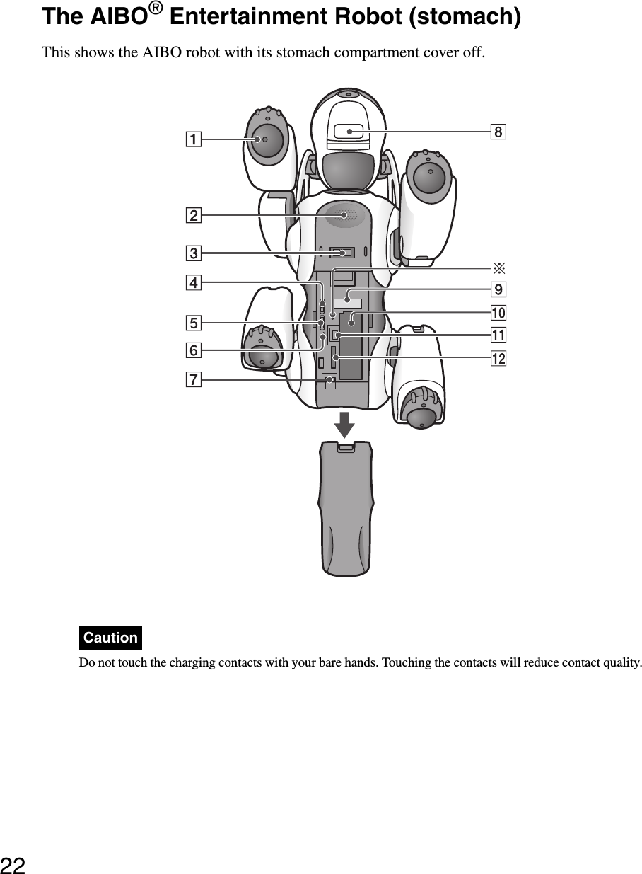22The AIBO® Entertainment Robot (stomach)This shows the AIBO robot with its stomach compartment cover off.CautionDo not touch the charging contacts with your bare hands. Touching the contacts will reduce contact quality.