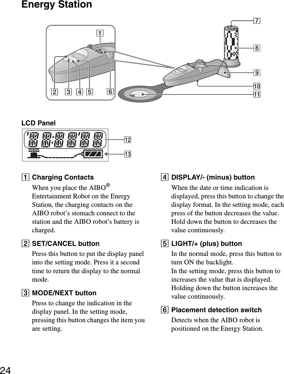 24Energy StationLCD PanelACharging ContactsWhen you place the AIBO® Entertainment Robot on the Energy Station, the charging contacts on the AIBO robot’s stomach connect to the station and the AIBO robot’s battery is charged.BSET/CANCEL buttonPress this button to put the display panel into the setting mode. Press it a second time to return the display to the normal mode.CMODE/NEXT buttonPress to change the indication in the display panel. In the setting mode, pressing this button changes the item you are setting.DDISPLAY/- (minus) buttonWhen the date or time indication is displayed, press this button to change the display format. In the setting mode, each press of the button decreases the value. Hold down the button to decreases the value continuously.ELIGHT/+ (plus) buttonIn the normal mode, press this button to turn ON the backlight.In the setting mode, press this button to increases the value that is displayed. Holding down the button increases the value continuously.FPlacement detection switchDetects when the AIBO robot is positioned on the Energy Station.12345 670qa