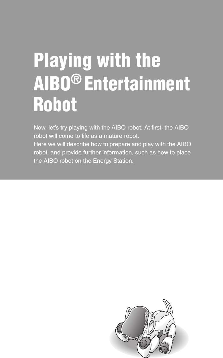 Playing with the AIBO® Entertainment RobotNow, let’s try playing with the AIBO robot. At first, the AIBO robot will come to life as a mature robot.Here we will describe how to prepare and play with the AIBO robot, and provide further information, such as how to place the AIBO robot on the Energy Station. 