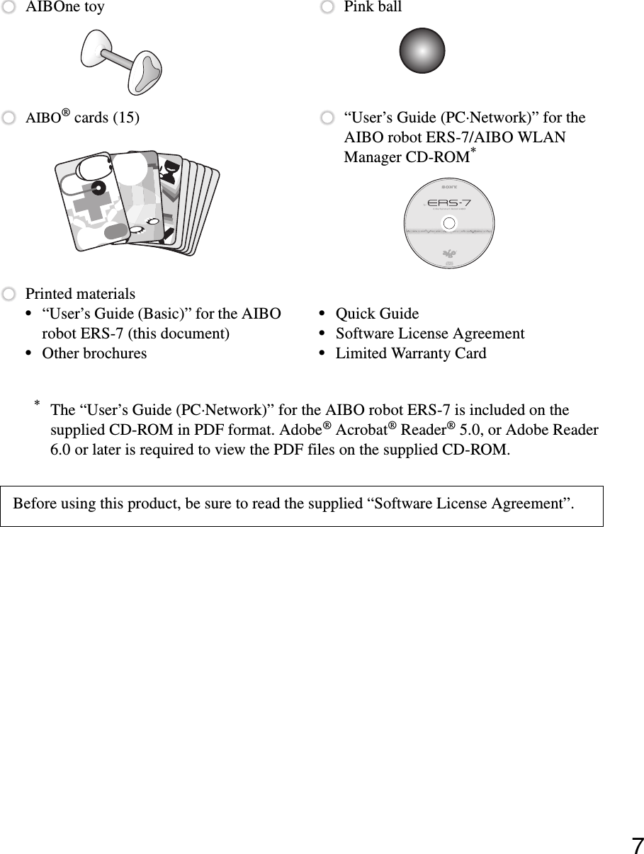 7*The “User’s Guide (PC·Network)” for the AIBO robot ERS-7 is included on the supplied CD-ROM in PDF format. Adobe® Acrobat® Reader® 5.0, or Adobe Reader 6.0 or later is required to view the PDF files on the supplied CD-ROM.AIBOne toy Pink ballAIBO® cards (15) “User’s Guide (PC·Network)” for the AIBO robot ERS-7/AIBO WLAN Manager CD-ROM*Printed materials•“User’s Guide (Basic)” for the AIBO robot ERS-7 (this document)•Other brochures•Quick Guide•Software License Agreement•Limited Warranty CardBefore using this product, be sure to read the supplied “Software License Agreement”.