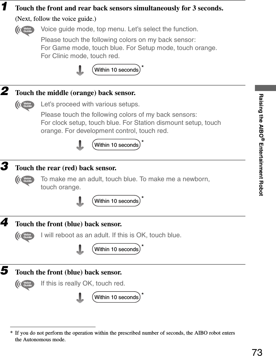 Raising the AIBO® Entertainment Robot731Touch the front and rear back sensors simultaneously for 3 seconds.(Next, follow the voice guide.)Voice guide mode, top menu. Let’s select the function. Please touch the following colors on my back sensor: For Game mode, touch blue. For Setup mode, touch orange. For Clinic mode, touch red. *2Touch the middle (orange) back sensor.Let’s proceed with various setups.Please touch the following colors of my back sensors: For clock setup, touch blue. For Station dismount setup, touch orange. For development control, touch red.*3Touch the rear (red) back sensor.To make me an adult, touch blue. To make me a newborn, touch orange.*4Touch the front (blue) back sensor.I will reboot as an adult. If this is OK, touch blue.*5Touch the front (blue) back sensor.If this is really OK, touch red.** If you do not perform the operation within the prescribed number of seconds, the AIBO robot entersthe Autonomous mode.Within 10 secondsWithin 10 secondsWithin 10 secondsWithin 10 secondsWithin 10 seconds