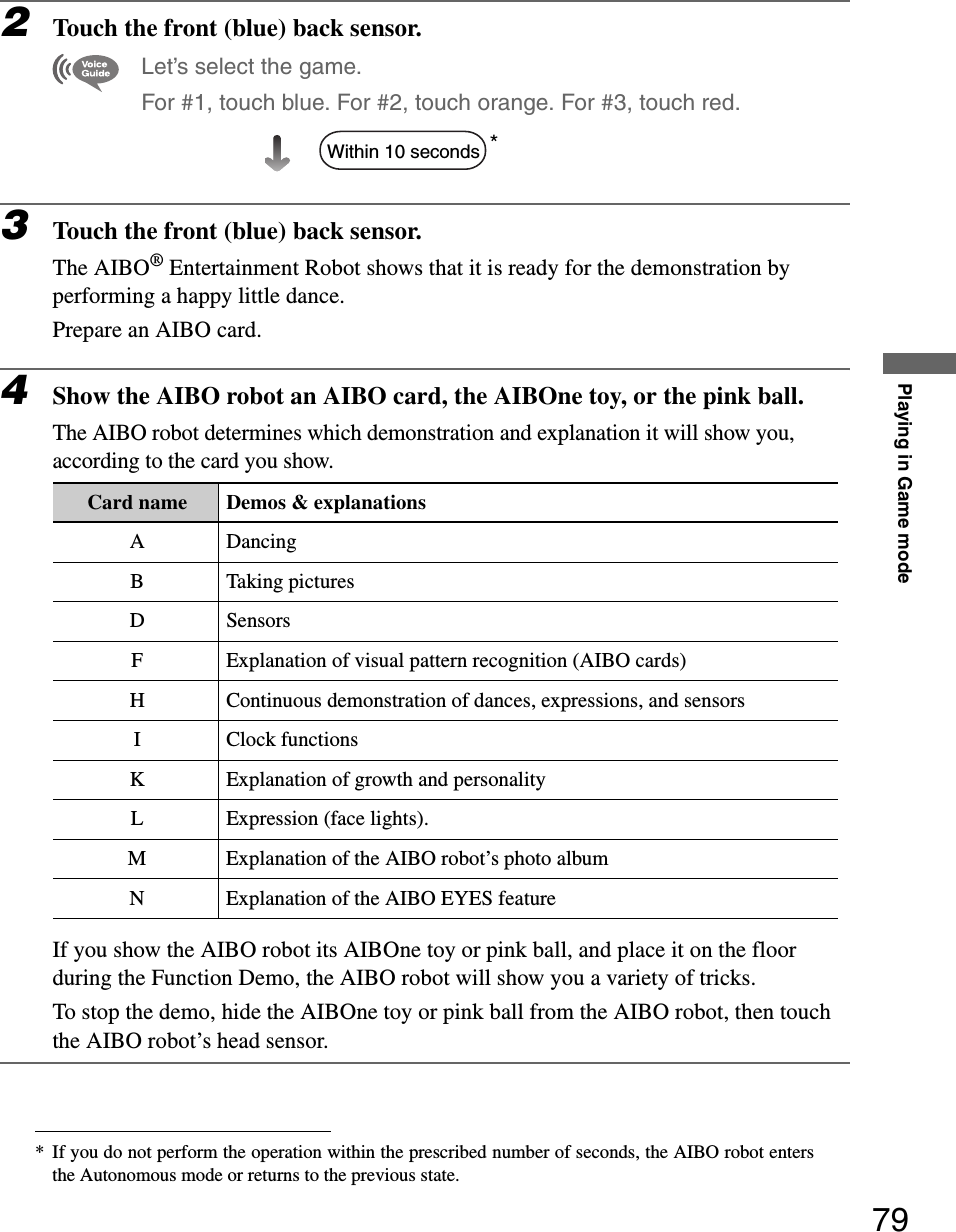 Playing in Game mode792Touch the front (blue) back sensor.Let’s select the game.For #1, touch blue. For #2, touch orange. For #3, touch red.*3Touch the front (blue) back sensor.The AIBO® Entertainment Robot shows that it is ready for the demonstration by performing a happy little dance. Prepare an AIBO card.4Show the AIBO robot an AIBO card, the AIBOne toy, or the pink ball.The AIBO robot determines which demonstration and explanation it will show you, according to the card you show. If you show the AIBO robot its AIBOne toy or pink ball, and place it on the floor during the Function Demo, the AIBO robot will show you a variety of tricks.To stop the demo, hide the AIBOne toy or pink ball from the AIBO robot, then touch the AIBO robot’s head sensor.* If you do not perform the operation within the prescribed number of seconds, the AIBO robot entersthe Autonomous mode or returns to the previous state.Card name Demos &amp; explanationsA DancingB Taking picturesDSensorsF Explanation of visual pattern recognition (AIBO cards)H Continuous demonstration of dances, expressions, and sensorsI Clock functionsK Explanation of growth and personalityL Expression (face lights).M Explanation of the AIBO robot’s photo albumN Explanation of the AIBO EYES featureWithin 10 seconds