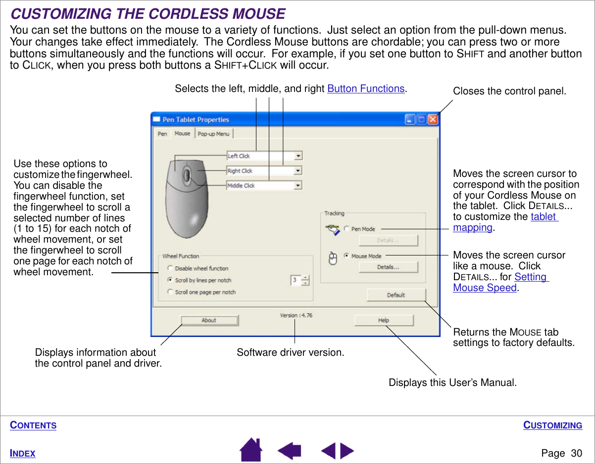 CUSTOMIZINGPage  30INDEXCONTENTSCUSTOMIZING THE CORDLESS MOUSEYou can set the buttons on the mouse to a variety of functions.  Just select an option from the pull-down menus.  Your changes take effect immediately.  The Cordless Mouse buttons are chordable; you can press two or more buttons simultaneously and the functions will occur.  For example, if you set one button to SHIFT and another button to CLICK, when you press both buttons a SHIFT+CLICK will occur. Returns the MOUSE tab settings to factory defaults.Software driver version.Selects the left, middle, and right Button Functions.Moves the screen cursor to correspond with the position of your Cordless Mouse on the tablet.  Click DETAILS... to customize the tablet mapping.Moves the screen cursor like a mouse.  Click DETAILS... for Setting Mouse Speed.Closes the control panel.Displays information about the control panel and driver.Displays this User’s Manual.Use these options to customize the ﬁngerwheel.  You can disable the ﬁngerwheel function, set the ﬁngerwheel to scroll a selected number of lines (1 to 15) for each notch of wheel movement, or set the ﬁngerwheel to scroll one page for each notch of wheel movement.