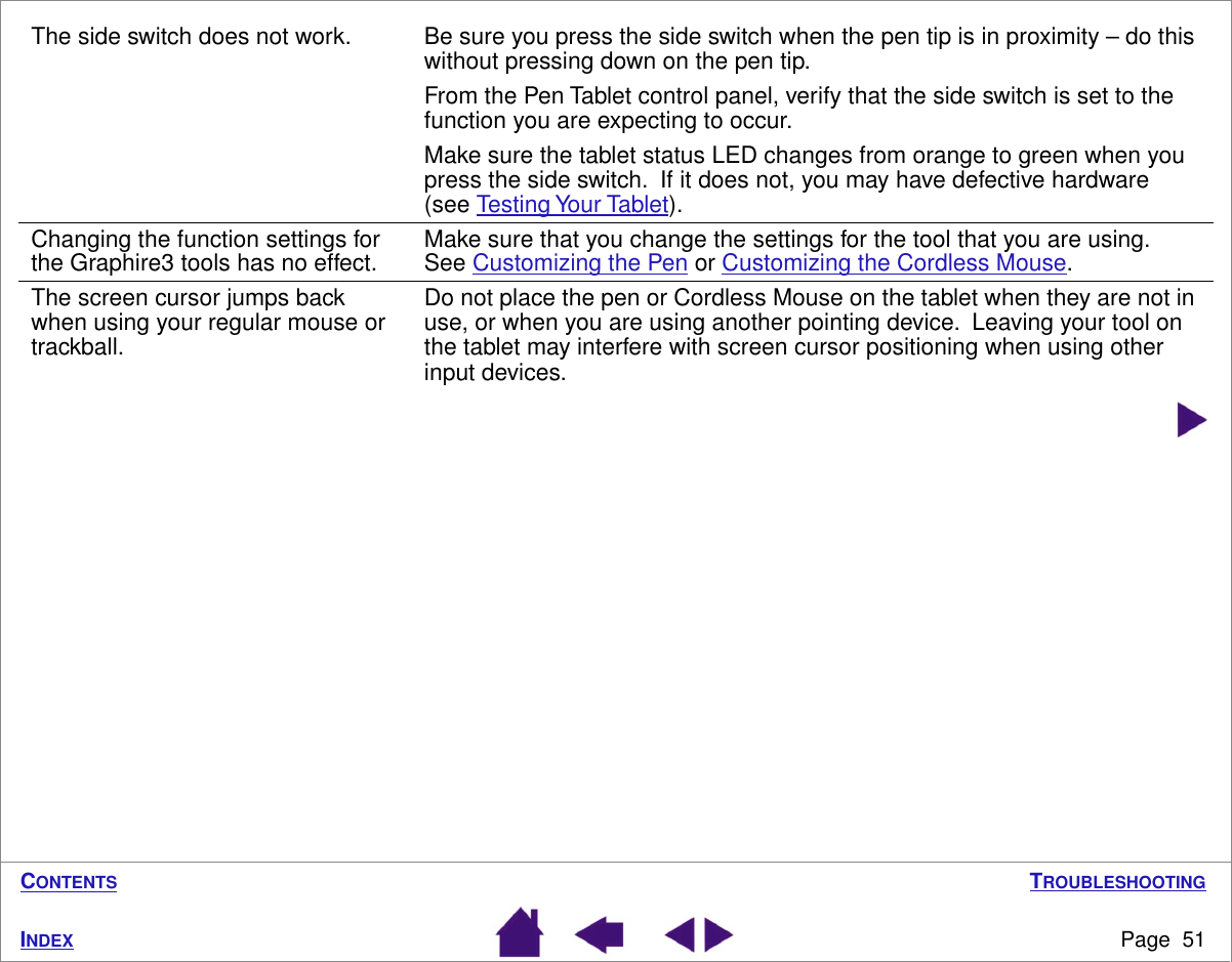 TROUBLESHOOTINGPage  51INDEXCONTENTSThe side switch does not work. Be sure you press the side switch when the pen tip is in proximity – do this without pressing down on the pen tip.From the Pen Tablet control panel, verify that the side switch is set to the function you are expecting to occur.Make sure the tablet status LED changes from orange to green when you press the side switch.  If it does not, you may have defective hardware (see Testing Your Tablet).Changing the function settings for the Graphire3 tools has no effect. Make sure that you change the settings for the tool that you are using.  See Customizing the Pen or Customizing the Cordless Mouse.The screen cursor jumps back when using your regular mouse or trackball.Do not place the pen or Cordless Mouse on the tablet when they are not in use, or when you are using another pointing device.  Leaving your tool on the tablet may interfere with screen cursor positioning when using other input devices.