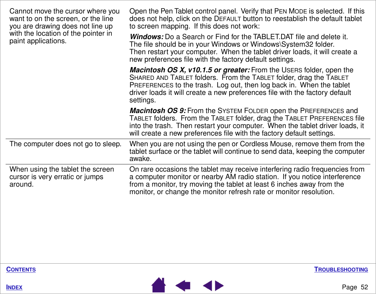 TROUBLESHOOTINGPage  52INDEXCONTENTSCannot move the cursor where you want to on the screen, or the line you are drawing does not line up with the location of the pointer in paint applications.Open the Pen Tablet control panel.  Verify that PEN MODE is selected.  If this does not help, click on the DEFAULT button to reestablish the default tablet to screen mapping.  If this does not work:Windows: Do a Search or Find for the TABLET.DAT ﬁle and delete it.  The ﬁle should be in your Windows or Windows\System32 folder.  Then restart your computer.  When the tablet driver loads, it will create a new preferences ﬁle with the factory default settings.Macintosh OS X, v10.1.5 or greater: From the USERS folder, open the SHARED AND TABLET folders.  From the TABLET folder, drag the TABLET PREFERENCES to the trash.  Log out, then log back in.  When the tablet driver loads it will create a new preferences ﬁle with the factory default settings.Macintosh OS 9: From the SYSTEM FOLDER open the PREFERENCES and TABLET folders.  From the TABLET folder, drag the TABLET PREFERENCES ﬁle into the trash.  Then restart your computer.  When the tablet driver loads, it will create a new preferences ﬁle with the factory default settings.The computer does not go to sleep. When you are not using the pen or Cordless Mouse, remove them from the tablet surface or the tablet will continue to send data, keeping the computer awake.When using the tablet the screen cursor is very erratic or jumps around.On rare occasions the tablet may receive interfering radio frequencies from a computer monitor or nearby AM radio station.  If you notice interference from a monitor, try moving the tablet at least 6 inches away from the monitor, or change the monitor refresh rate or monitor resolution.