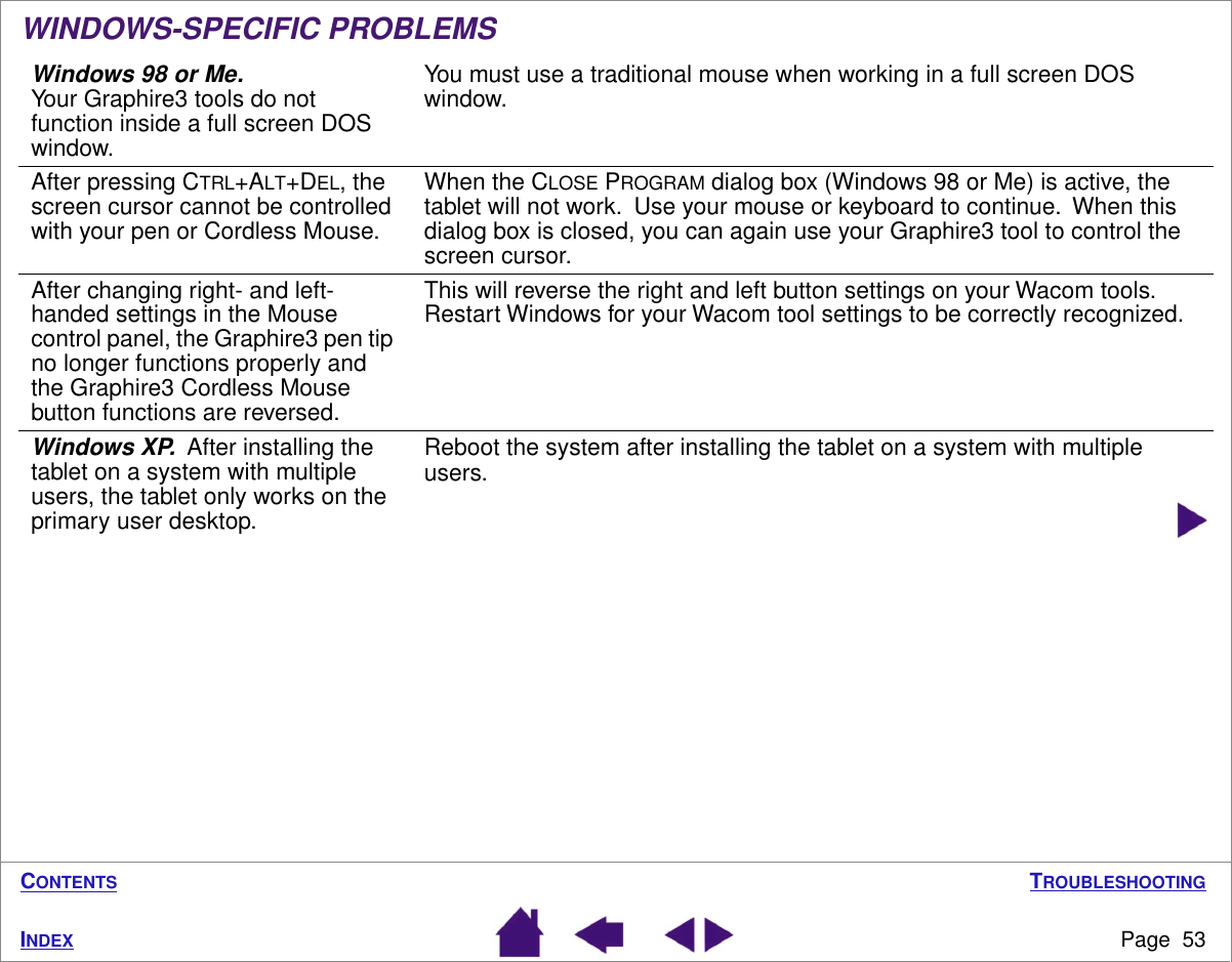 TROUBLESHOOTINGPage  53INDEXCONTENTSWINDOWS-SPECIFIC PROBLEMSWindows 98 or Me.  Your Graphire3 tools do not function inside a full screen DOS window.You must use a traditional mouse when working in a full screen DOS window.After pressing CTRL+ALT+DEL, the screen cursor cannot be controlled with your pen or Cordless Mouse.When the CLOSE PROGRAM dialog box (Windows 98 or Me) is active, the tablet will not work.  Use your mouse or keyboard to continue.  When this dialog box is closed, you can again use your Graphire3 tool to control the screen cursor.After changing right- and left-handed settings in the Mouse control panel, the Graphire3 pen tip no longer functions properly and the Graphire3 Cordless Mouse button functions are reversed.This will reverse the right and left button settings on your Wacom tools.  Restart Windows for your Wacom tool settings to be correctly recognized.Windows XP.  After installing the tablet on a system with multiple users, the tablet only works on the primary user desktop.Reboot the system after installing the tablet on a system with multiple users.