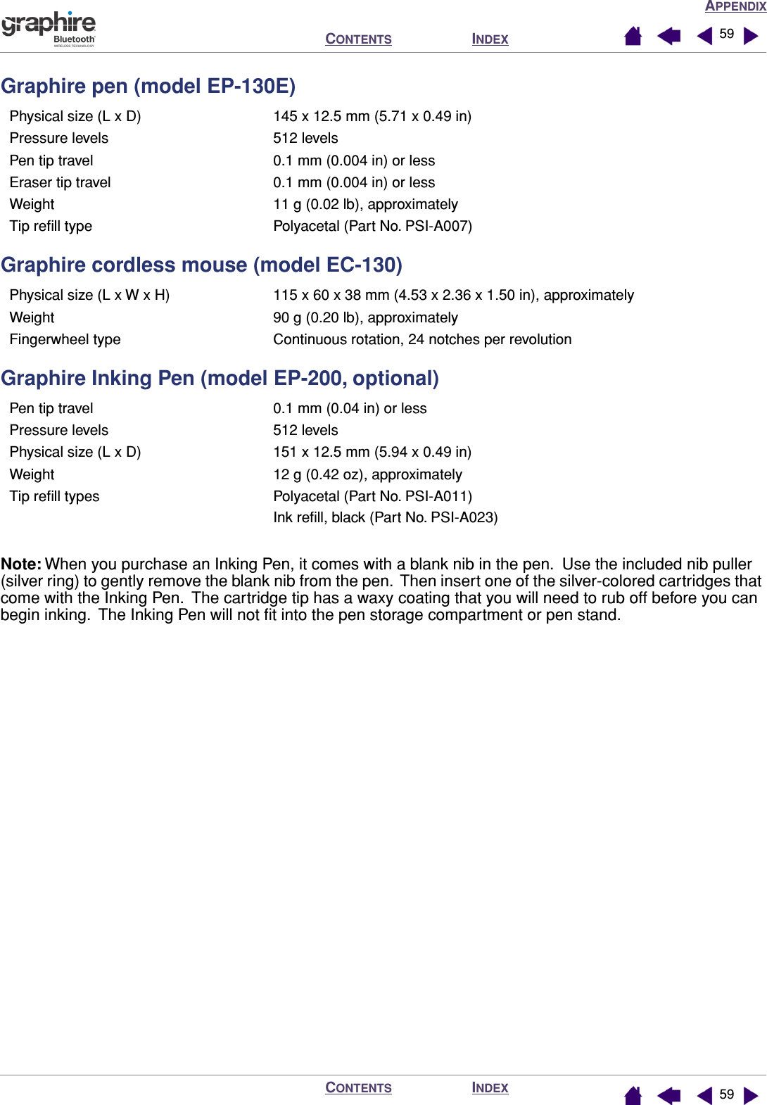 APPENDIXINDEXCONTENTSINDEXCONTENTS 5959Graphire pen (model EP-130E)Graphire cordless mouse (model EC-130) Graphire Inking Pen (model EP-200, optional)Note: When you purchase an Inking Pen, it comes with a blank nib in the pen.  Use the included nib puller (silver ring) to gently remove the blank nib from the pen.  Then insert one of the silver-colored cartridges that come with the Inking Pen.  The cartridge tip has a waxy coating that you will need to rub off before you can begin inking.  The Inking Pen will not ﬁt into the pen storage compartment or pen stand.Physical size (L x D) 145 x 12.5 mm (5.71 x 0.49 in)Pressure levels 512 levelsPen tip travel 0.1 mm (0.004 in) or lessEraser tip travel 0.1 mm (0.004 in) or lessWeight 11 g (0.02 lb), approximatelyTip reﬁll type Polyacetal (Part No. PSI-A007)Physical size (L x W x H) 115 x 60 x 38 mm (4.53 x 2.36 x 1.50 in), approximatelyWeight 90 g (0.20 lb), approximatelyFingerwheel type Continuous rotation, 24 notches per revolutionPen tip travel 0.1 mm (0.04 in) or lessPressure levels 512 levelsPhysical size (L x D) 151 x 12.5 mm (5.94 x 0.49 in)Weight 12 g (0.42 oz), approximatelyTip reﬁll types Polyacetal (Part No. PSI-A011)Ink reﬁll, black (Part No. PSI-A023)