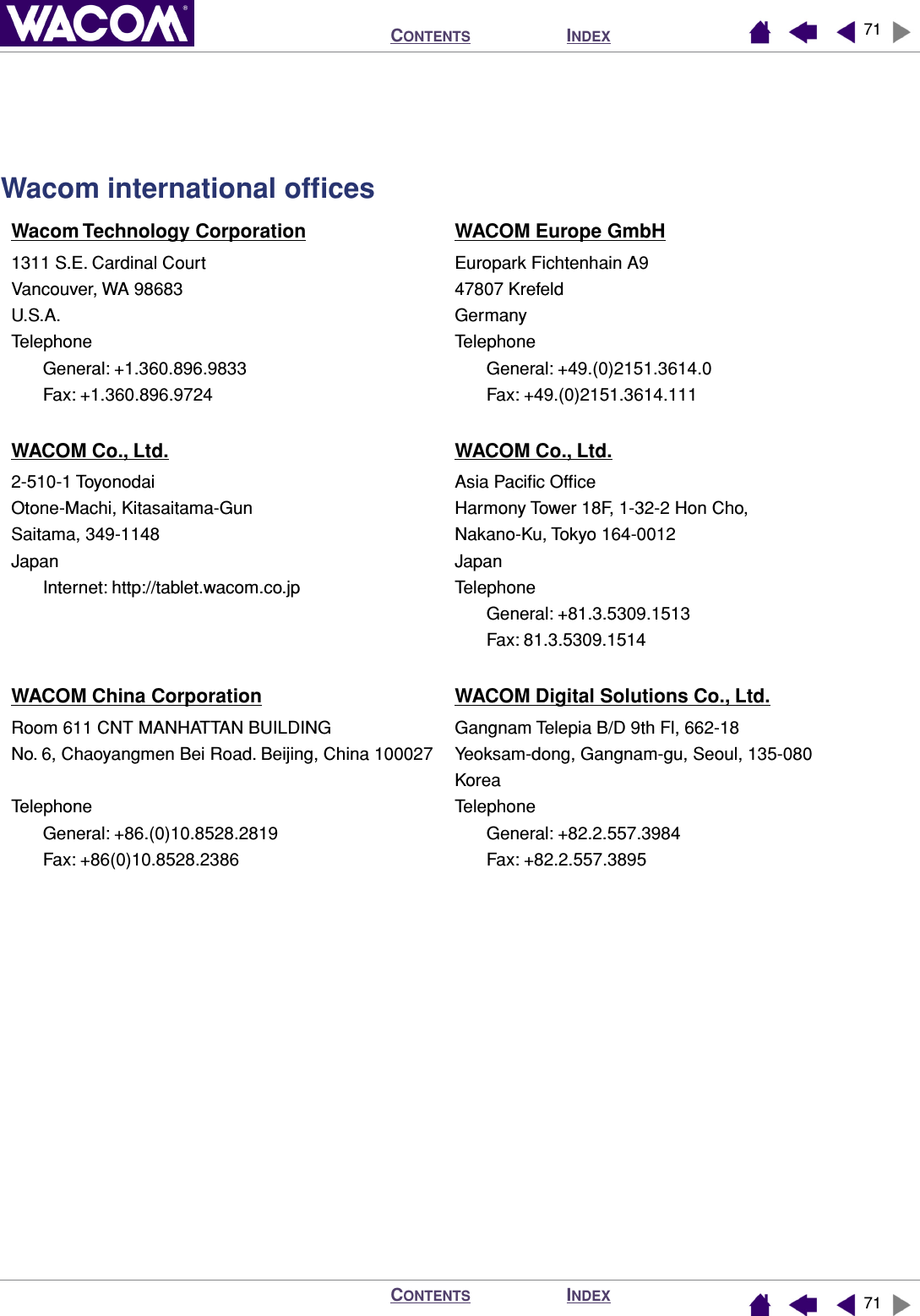 INDEXCONTENTSINDEXCONTENTS 7171Wacom international ofﬁcesWacom Technology Corporation WACOM Europe GmbH1311 S.E. Cardinal Court Europark Fichtenhain A9Vancouver, WA 98683 47807 KrefeldU.S.A. GermanyTelephone TelephoneGeneral: +1.360.896.9833 General: +49.(0)2151.3614.0Fax: +1.360.896.9724 Fax: +49.(0)2151.3614.111WACOM Co., Ltd. WACOM Co., Ltd.2-510-1 Toyonodai Asia Paciﬁc OfﬁceOtone-Machi, Kitasaitama-Gun Harmony Tower 18F, 1-32-2 Hon Cho,Saitama, 349-1148 Nakano-Ku, Tokyo 164-0012Japan JapanInternet: http://tablet.wacom.co.jp TelephoneGeneral: +81.3.5309.1513Fax: 81.3.5309.1514WACOM China Corporation WACOM Digital Solutions Co., Ltd.Room 611 CNT MANHATTAN BUILDING Gangnam Telepia B/D 9th Fl, 662-18No. 6, Chaoyangmen Bei Road. Beijing, China 100027 Yeoksam-dong, Gangnam-gu, Seoul, 135-080KoreaTelephone TelephoneGeneral: +86.(0)10.8528.2819 General: +82.2.557.3984Fax: +86(0)10.8528.2386 Fax: +82.2.557.3895