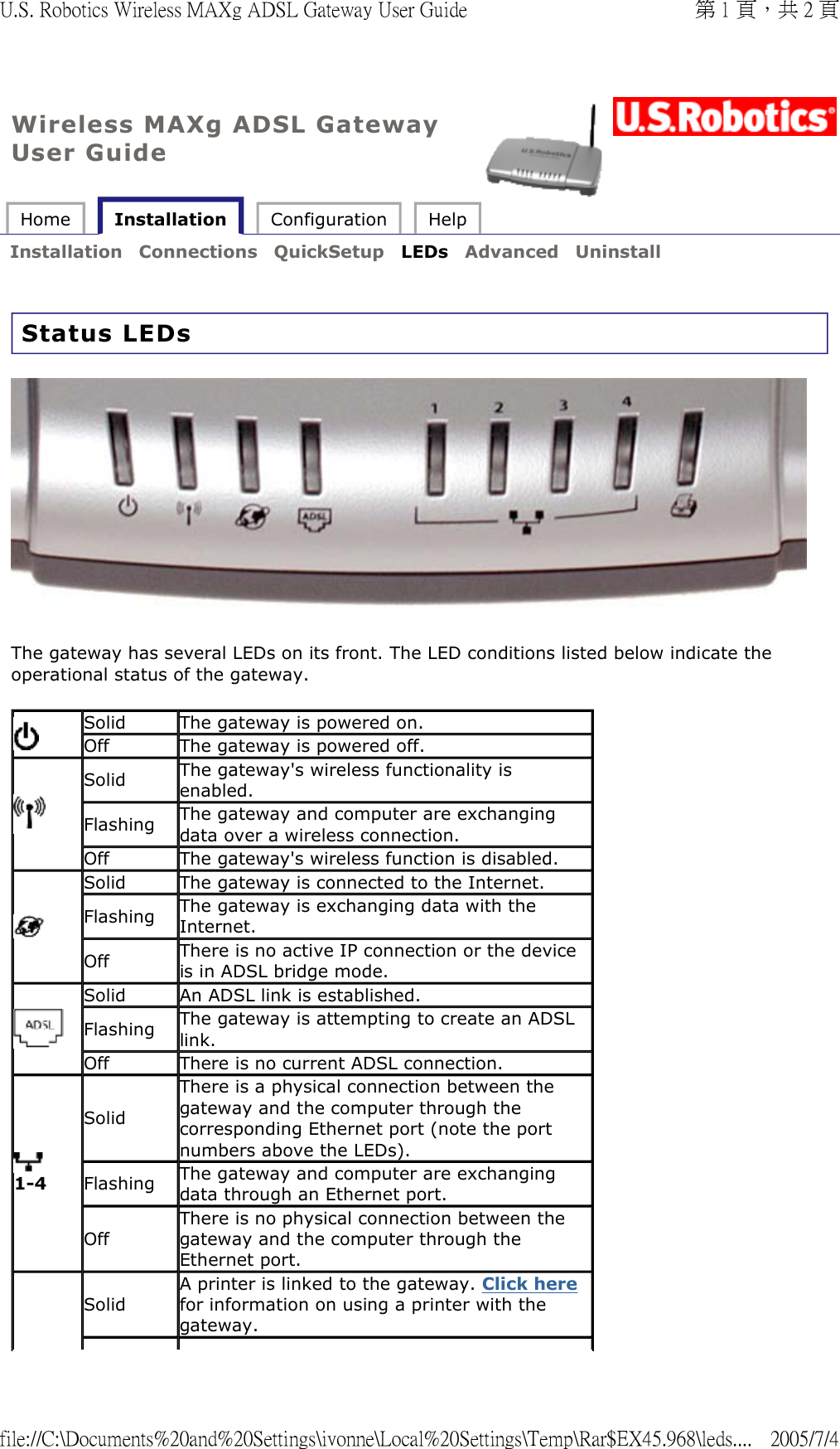 Wireless MAXg ADSL Gateway User Guide Home   Installation  Configuration  Help   Installation  Connections  QuickSetup  LEDs  Advanced  Uninstall   Status LEDs  The gateway has several LEDs on its front. The LED conditions listed below indicate the operational status of the gateway. Solid The gateway is powered on.Off The gateway is powered off.Solid The gateway&apos;s wireless functionality is enabled.Flashing The gateway and computer are exchanging data over a wireless connection.Off The gateway&apos;s wireless function is disabled.Solid The gateway is connected to the Internet.Flashing The gateway is exchanging data with the Internet.Off There is no active IP connection or the device is in ADSL bridge mode.Solid An ADSL link is established.Flashing The gateway is attempting to create an ADSL link.Off There is no current ADSL connection. 1-4SolidThere is a physical connection between the gateway and the computer through the corresponding Ethernet port (note the port numbers above the LEDs).Flashing The gateway and computer are exchanging data through an Ethernet port.OffThere is no physical connection between the gateway and the computer through the Ethernet port.SolidA printer is linked to the gateway. Click here for information on using a printer with the gateway.第 1 頁，共 2 頁U.S. Robotics Wireless MAXg ADSL Gateway User Guide2005/7/4file://C:\Documents%20and%20Settings\ivonne\Local%20Settings\Temp\Rar$EX45.968\leds....