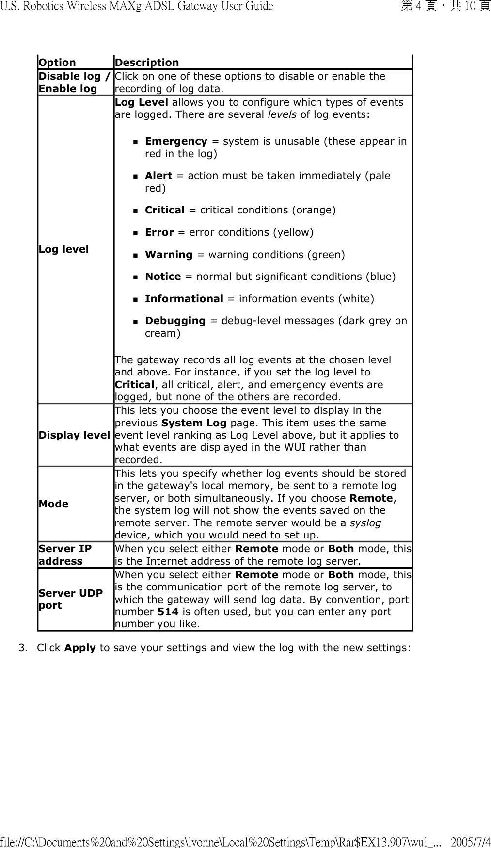 3. Click Apply to save your settings and view the log with the new settings: Option DescriptionDisable log / Enable logClick on one of these options to disable or enable the recording of log data. Log levelLog Level allows you to configure which types of events are logged. There are several levels of log events:  Emergency = system is unusable (these appear in red in the log)  Alert = action must be taken immediately (pale red)  Critical = critical conditions (orange)  Error = error conditions (yellow)  Warning = warning conditions (green)  Notice = normal but significant conditions (blue)  Informational = information events (white)  Debugging = debug-level messages (dark grey on cream)  The gateway records all log events at the chosen level and above. For instance, if you set the log level to Critical, all critical, alert, and emergency events are logged, but none of the others are recorded. Display levelThis lets you choose the event level to display in the previous System Log page. This item uses the same event level ranking as Log Level above, but it applies to what events are displayed in the WUI rather than recorded. ModeThis lets you specify whether log events should be stored in the gateway&apos;s local memory, be sent to a remote log server, or both simultaneously. If you choose Remote, the system log will not show the events saved on the remote server. The remote server would be a syslog device, which you would need to set up. Server IP addressWhen you select either Remote mode or Both mode, thisis the Internet address of the remote log server.Server UDP port When you select either Remote mode or Both mode, thisis the communication port of the remote log server, to which the gateway will send log data. By convention, port number 514 is often used, but you can enter any port number you like.第 4 頁，共 10 頁U.S. Robotics Wireless MAXg ADSL Gateway User Guide2005/7/4file://C:\Documents%20and%20Settings\ivonne\Local%20Settings\Temp\Rar$EX13.907\wui_...