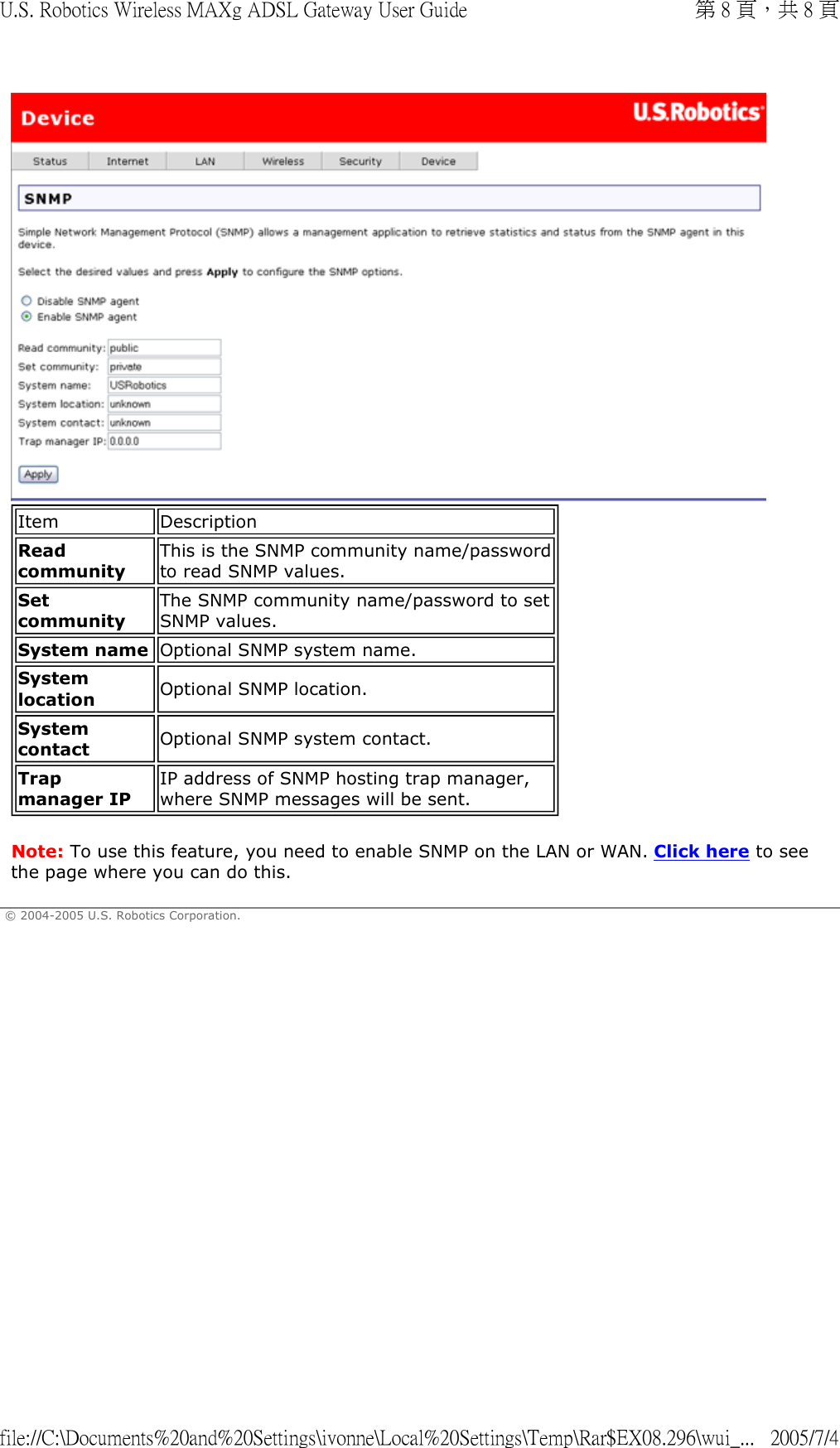  Note: To use this feature, you need to enable SNMP on the LAN or WAN. Click here to see the page where you can do this. © 2004-2005 U.S. Robotics Corporation. Item DescriptionRead community This is the SNMP community name/passwordto read SNMP values.Set community The SNMP community name/password to set SNMP values. System name Optional SNMP system name. System location  Optional SNMP location. System contact  Optional SNMP system contact. Trap manager IP IP address of SNMP hosting trap manager, where SNMP messages will be sent. 第 8 頁，共 8 頁U.S. Robotics Wireless MAXg ADSL Gateway User Guide2005/7/4file://C:\Documents%20and%20Settings\ivonne\Local%20Settings\Temp\Rar$EX08.296\wui_...