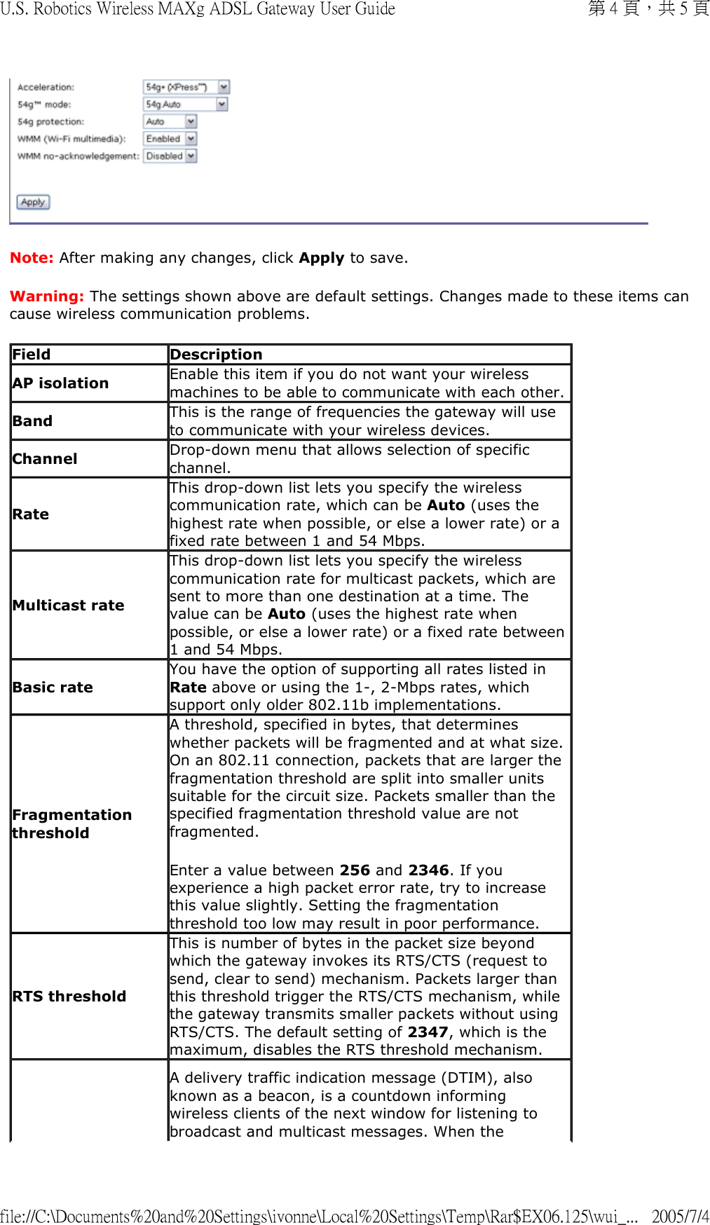  Note: After making any changes, click Apply to save. Warning: The settings shown above are default settings. Changes made to these items can cause wireless communication problems. Field DescriptionAP isolation Enable this item if you do not want your wireless machines to be able to communicate with each other. Band This is the range of frequencies the gateway will use to communicate with your wireless devices. Channel Drop-down menu that allows selection of specific channel.RateThis drop-down list lets you specify the wireless communication rate, which can be Auto (uses the highest rate when possible, or else a lower rate) or a fixed rate between 1 and 54 Mbps. Multicast rate This drop-down list lets you specify the wireless communication rate for multicast packets, which are sent to more than one destination at a time. The value can be Auto (uses the highest rate when possible, or else a lower rate) or a fixed rate between 1 and 54 Mbps.Basic rateYou have the option of supporting all rates listed in Rate above or using the 1-, 2-Mbps rates, which support only older 802.11b implementations.Fragmentation thresholdA threshold, specified in bytes, that determines whether packets will be fragmented and at what size. On an 802.11 connection, packets that are larger the fragmentation threshold are split into smaller units suitable for the circuit size. Packets smaller than the specified fragmentation threshold value are not fragmented.  Enter a value between 256 and 2346. If you experience a high packet error rate, try to increase this value slightly. Setting the fragmentation threshold too low may result in poor performance. RTS thresholdThis is number of bytes in the packet size beyond which the gateway invokes its RTS/CTS (request to send, clear to send) mechanism. Packets larger than this threshold trigger the RTS/CTS mechanism, while the gateway transmits smaller packets without using RTS/CTS. The default setting of 2347, which is the maximum, disables the RTS threshold mechanism.A delivery traffic indication message (DTIM), also known as a beacon, is a countdown informing wireless clients of the next window for listening to broadcast and multicast messages. When the 第 4 頁，共 5 頁U.S. Robotics Wireless MAXg ADSL Gateway User Guide2005/7/4file://C:\Documents%20and%20Settings\ivonne\Local%20Settings\Temp\Rar$EX06.125\wui_...