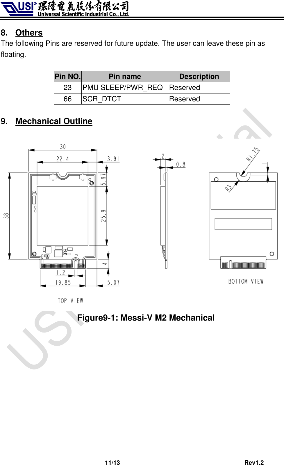                              11/13                                         Rev1.2 8.  Others The following Pins are reserved for future update. The user can leave these pin as floating.  Pin NO. Pin name Description 23 PMU SLEEP/PWR_REQ Reserved 66 SCR_DTCT Reserved  9.  Mechanical Outline   Figure9-1: Messi-V M2 Mechanical 