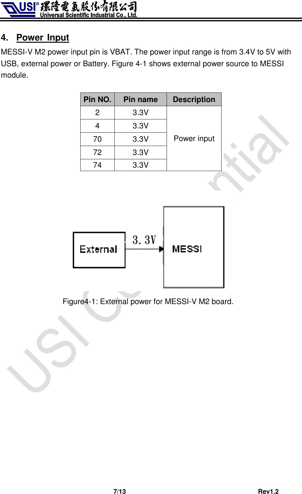                              7/13                                         Rev1.2 4.  Power Input MESSI-V M2 power input pin is VBAT. The power input range is from 3.4V to 5V with USB, external power or Battery. Figure 4-1 shows external power source to MESSI module.      Pin NO. Pin name Description 2 3.3V Power input 4 3.3V 70 3.3V 72 3.3V 74 3.3V   Figure4-1: External power for MESSI-V M2 board.               