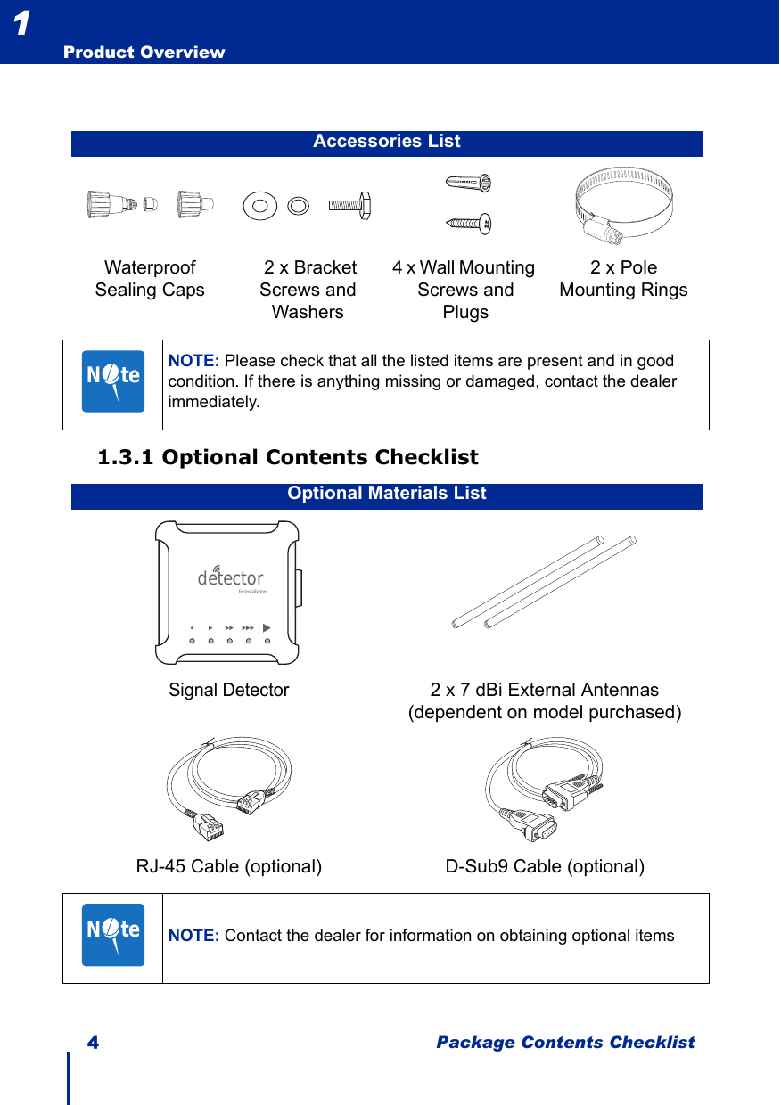 4 Package Contents ChecklistProduct Overview11.3.1 Optional Contents ChecklistAccessories ListWaterproofSealing Caps 2 x Bracket Screws and Washers4 x Wall Mounting Screws and Plugs2 x PoleMounting RingsNOTE: Please check that all the listed items are present and in good condition. If there is anything missing or damaged, contact the dealer immediately.Optional Materials ListSignal Detector2 x 7 dBi External Antennas(dependent on model purchased)RJ-45 Cable (optional) D-Sub9 Cable (optional)NOTE: Contact the dealer for information on obtaining optional itemsN     tedetectorfor installationN     te