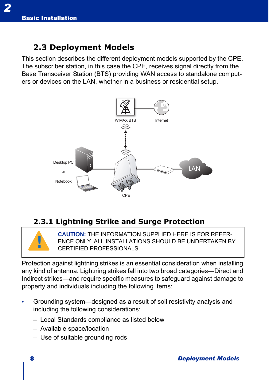 8 Deployment ModelsBasic Installation22.3 Deployment ModelsThis section describes the different deployment models supported by the CPE. The subscriber station, in this case the CPE, receives signal directly from the Base Transceiver Station (BTS) providing WAN access to standalone comput-ers or devices on the LAN, whether in a business or residential setup.2.3.1 Lightning Strike and Surge ProtectionProtection against lightning strikes is an essential consideration when installing any kind of antenna. Lightning strikes fall into two broad categories—Direct and Indirect strikes—and require specific measures to safeguard against damage to property and individuals including the following items:•Grounding system—designed as a result of soil resistivity analysis and including the following considerations:–  Local Standards compliance as listed below–  Available space/location–  Use of suitable grounding rodsCAUTION: THE INFORMATION SUPPLIED HERE IS FOR REFER-ENCE ONLY. ALL INSTALLATIONS SHOULD BE UNDERTAKEN BY CERTIFIED PROFESSIONALS.WiMAX BTS InternetDesktop PCNotebookorLANCPE!