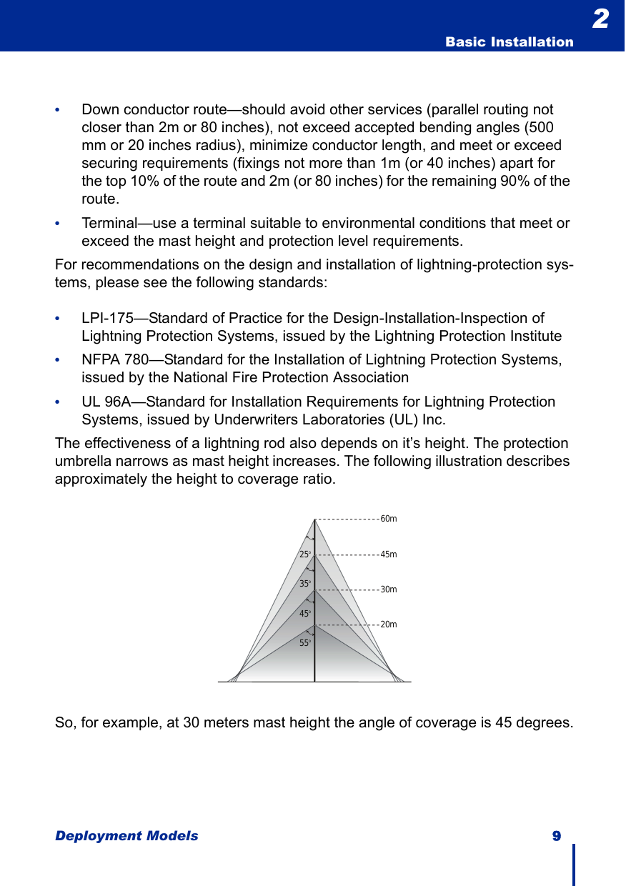 Deployment Models 9  Basic Installation2•Down conductor route—should avoid other services (parallel routing not closer than 2m or 80 inches), not exceed accepted bending angles (500 mm or 20 inches radius), minimize conductor length, and meet or exceed securing requirements (fixings not more than 1m (or 40 inches) apart for the top 10% of the route and 2m (or 80 inches) for the remaining 90% of the route.•Terminal—use a terminal suitable to environmental conditions that meet or exceed the mast height and protection level requirements.For recommendations on the design and installation of lightning-protection sys-tems, please see the following standards:•LPI-175—Standard of Practice for the Design-Installation-Inspection of Lightning Protection Systems, issued by the Lightning Protection Institute•NFPA 780—Standard for the Installation of Lightning Protection Systems, issued by the National Fire Protection Association•UL 96A—Standard for Installation Requirements for Lightning Protection Systems, issued by Underwriters Laboratories (UL) Inc.The effectiveness of a lightning rod also depends on it’s height. The protection umbrella narrows as mast height increases. The following illustration describes approximately the height to coverage ratio.So, for example, at 30 meters mast height the angle of coverage is 45 degrees.60m25o35o45o55o45m30m20m